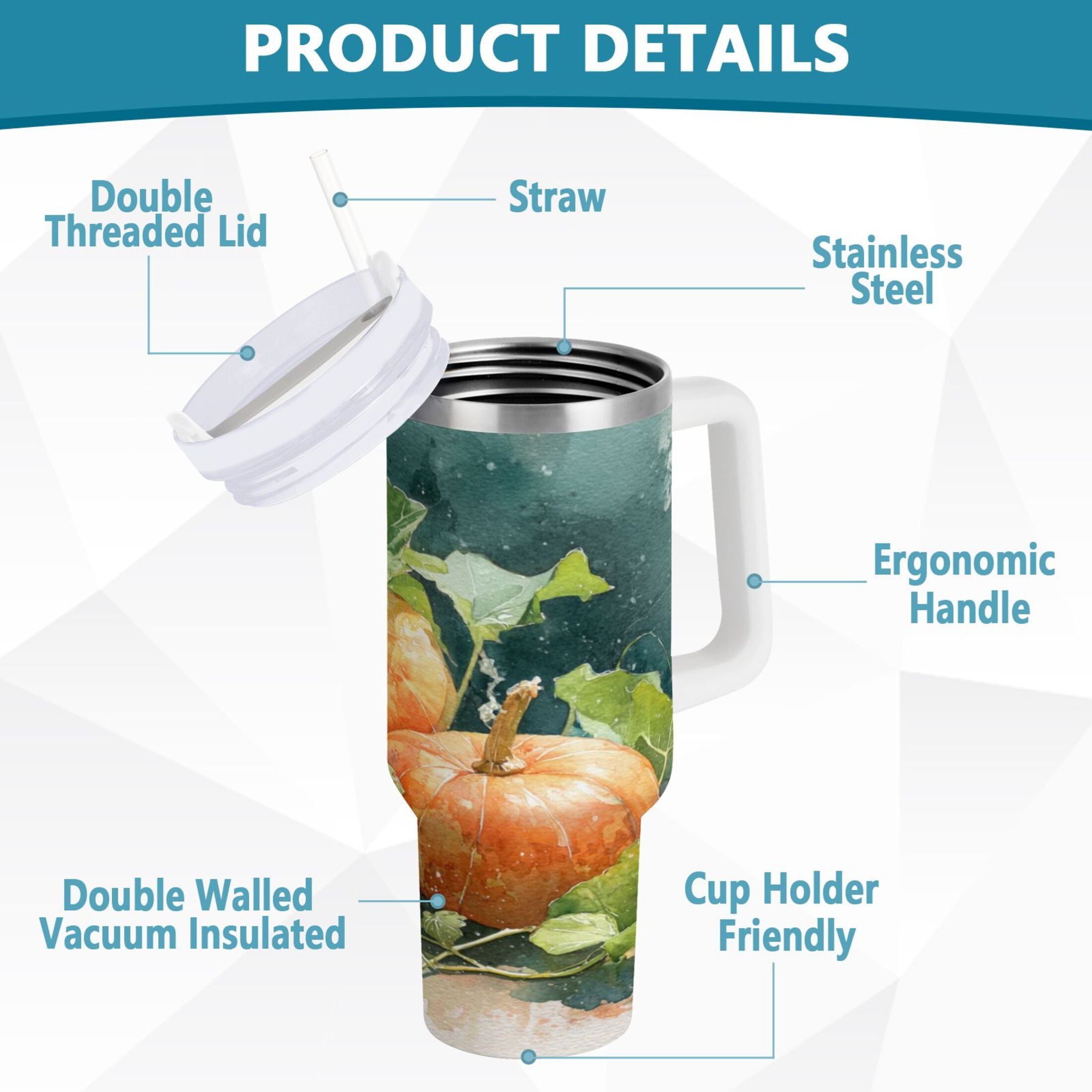 40 oz Insulated Stainless Steel Tumbler Double Wall Stainless Steel Tumbler with 2-Way Drinking Orange and White Pumpkins | BXAH