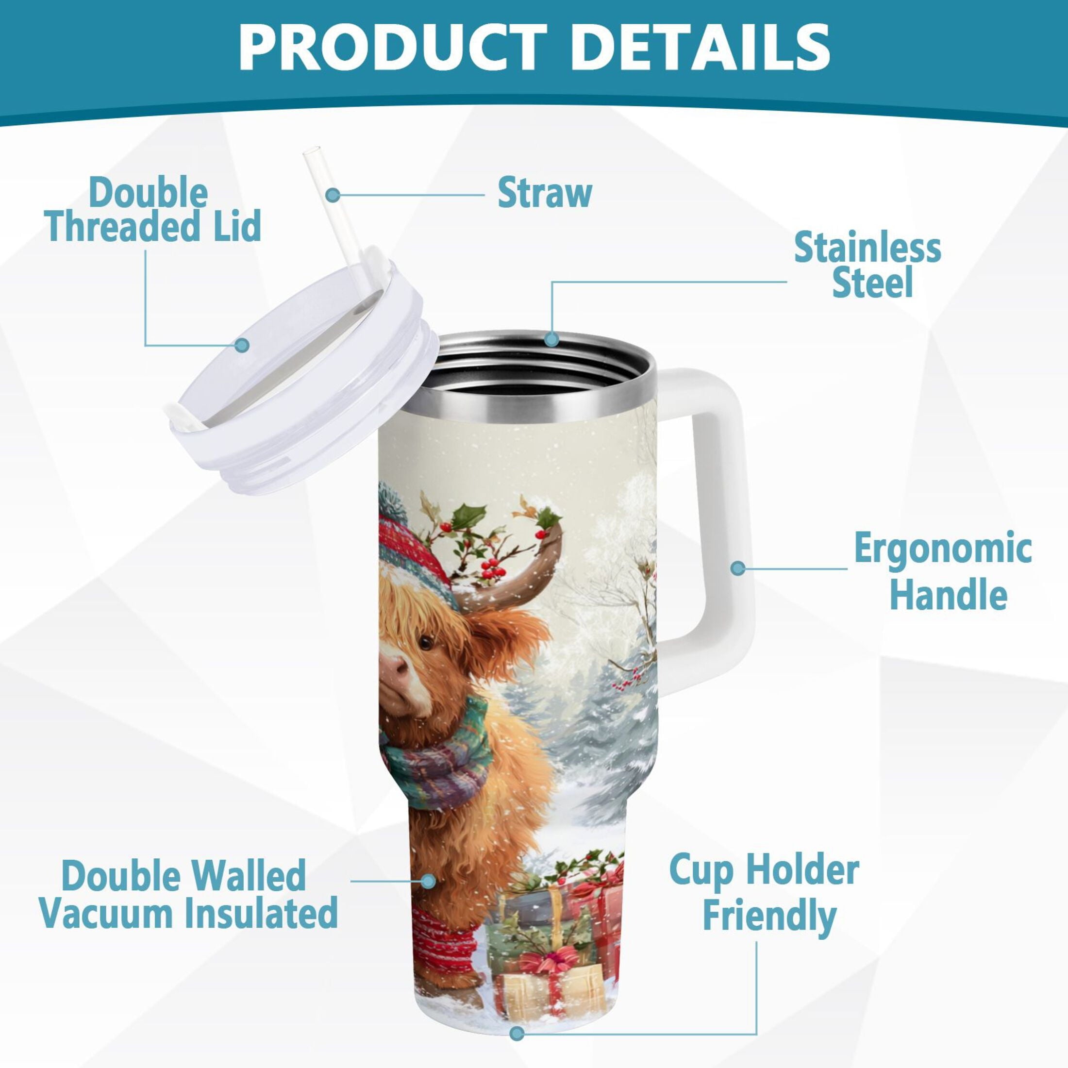 30 oz Insulated Stainless Steel Tumbler Double Wall Stainless Steel Tumbler with 2-Way Drinking Cow Wearing Christmas Hat | 00Q4