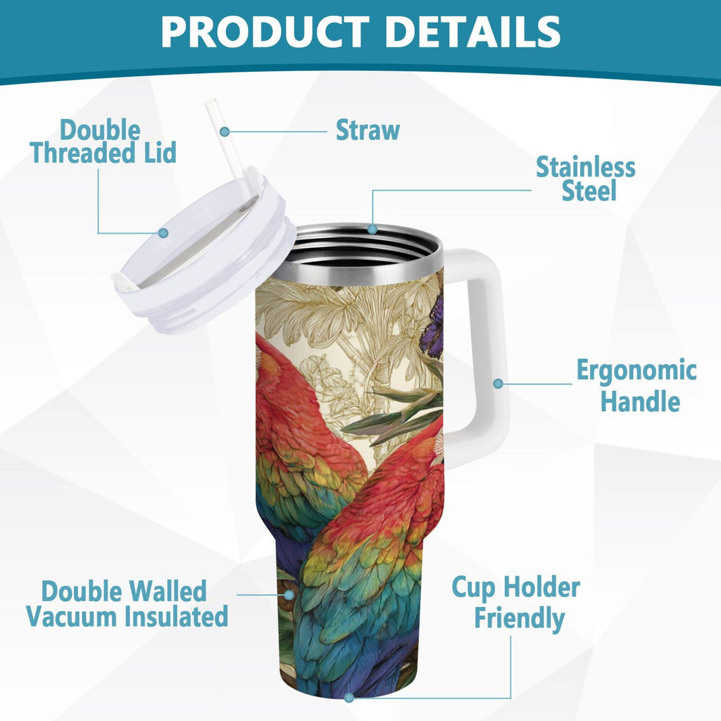 30 oz Insulated Stainless Steel Tumbler Double Wall Stainless Steel Tumbler with 2-Way Drinking Colorful Beautiful Parrots | I7YE
