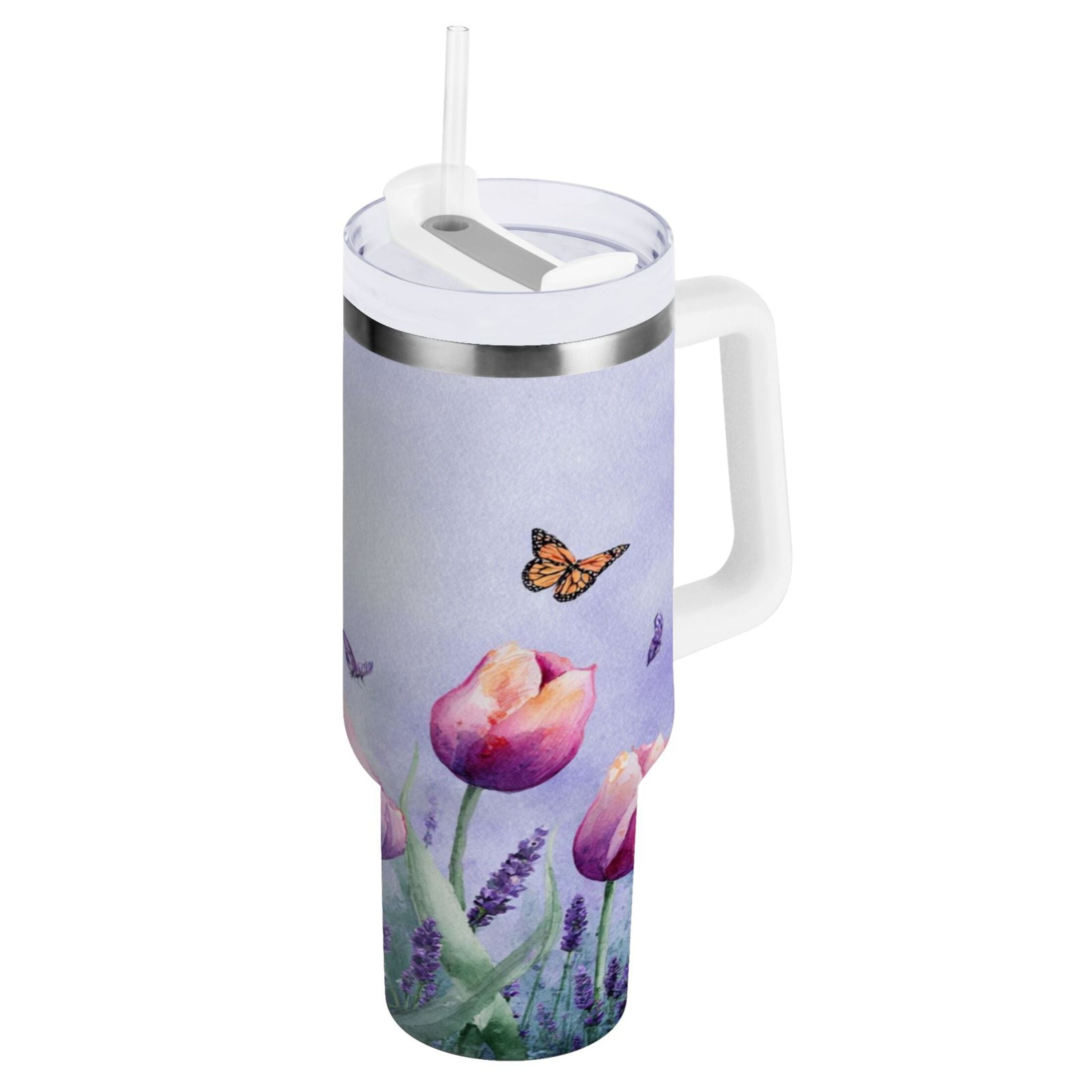 30 oz Insulated Stainless Steel Tumbler Double Wall Stainless Steel Tumbler with 2-Way Drinking Watercolor Tulips and Lavender | URIW
