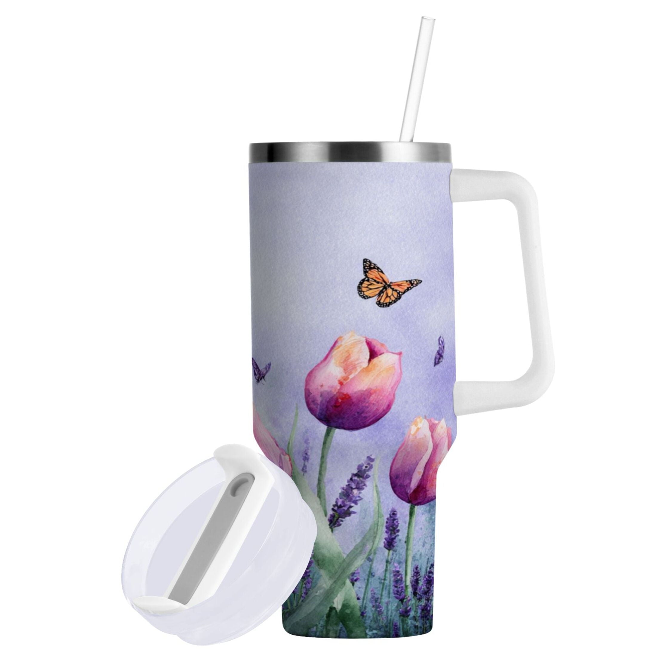 30 oz Insulated Stainless Steel Tumbler Double Wall Stainless Steel Tumbler with 2-Way Drinking Watercolor Tulips and Lavender | URIW
