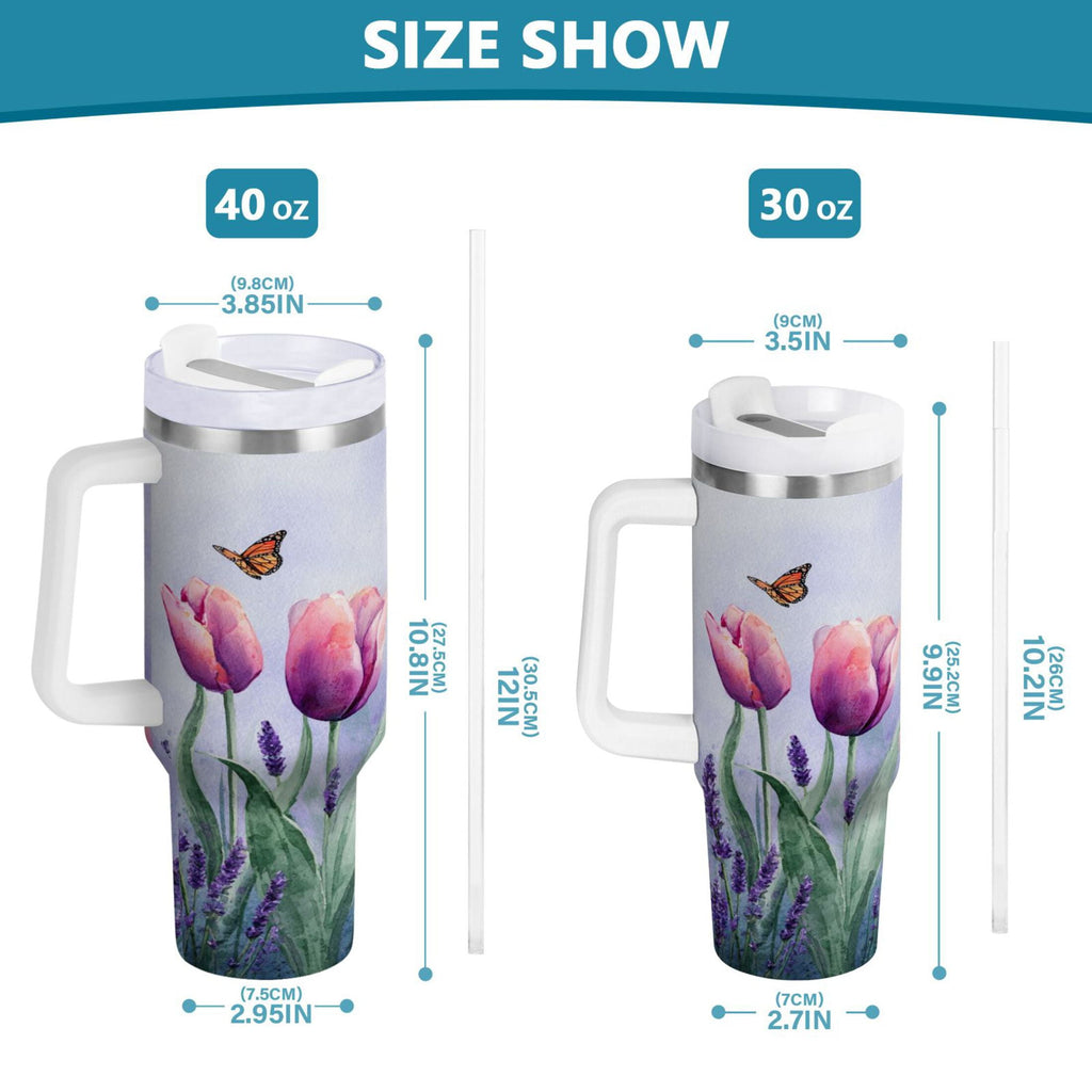 30 oz Insulated Stainless Steel Tumbler Double Wall Stainless Steel Tumbler with 2-Way Drinking Watercolor Tulips and Lavender | URIW