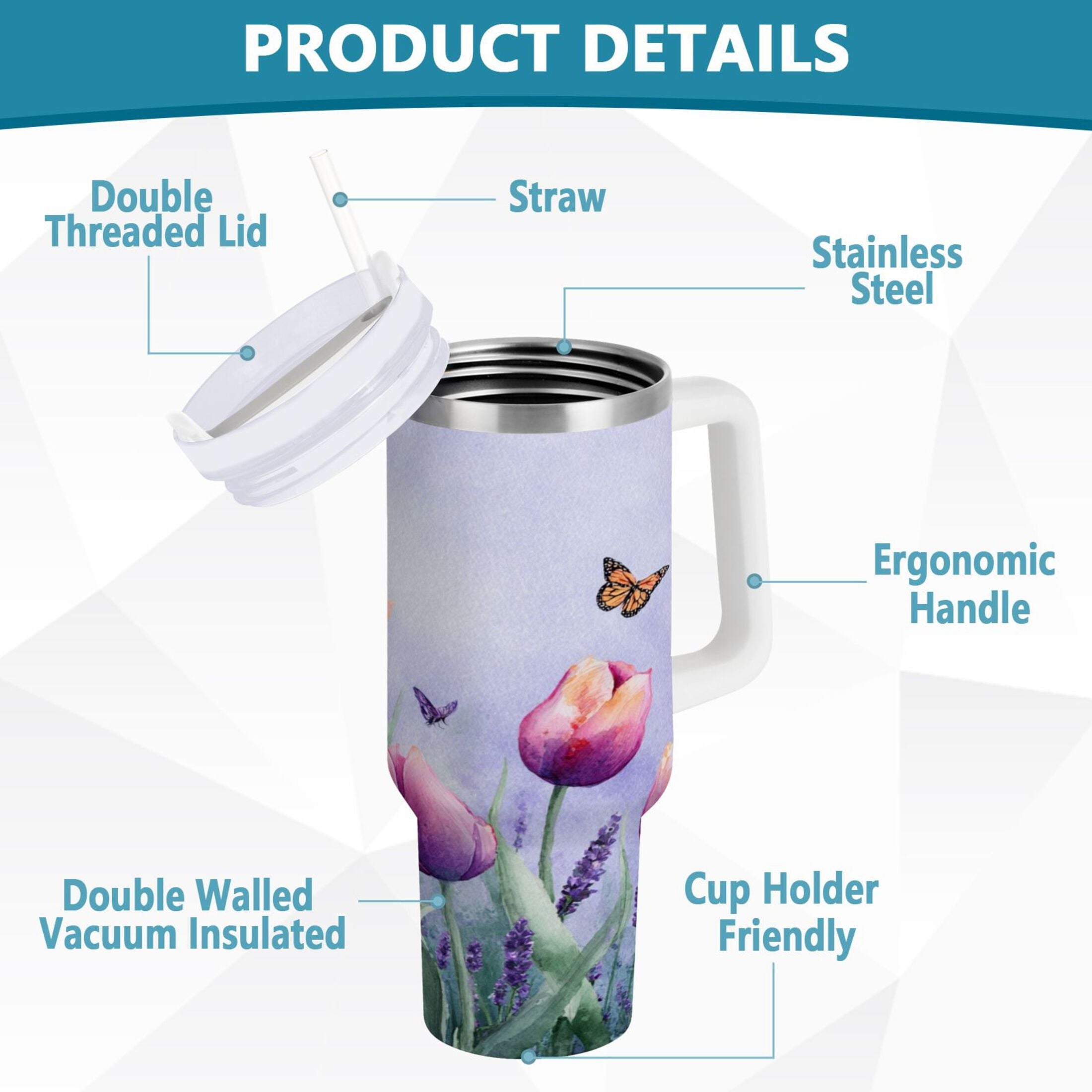 30 oz Insulated Stainless Steel Tumbler Double Wall Stainless Steel Tumbler with 2-Way Drinking Watercolor Tulips and Lavender | URIW