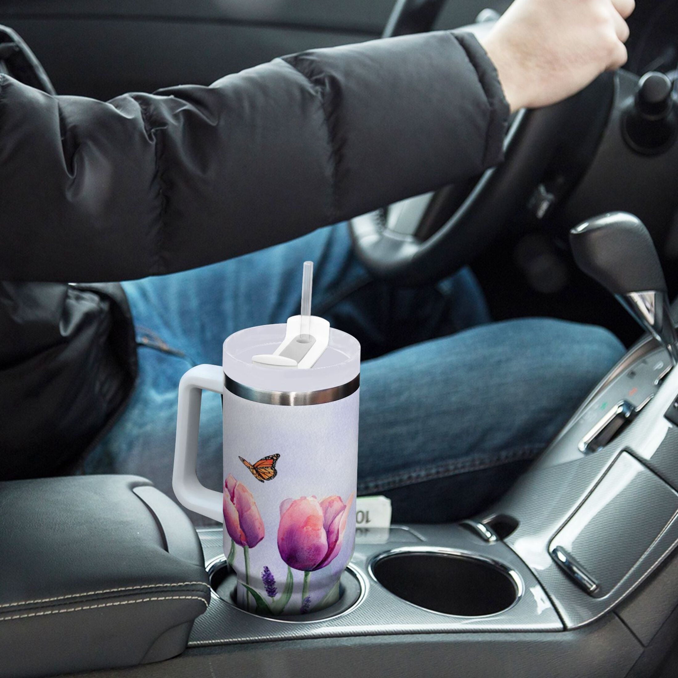 30 oz Insulated Stainless Steel Tumbler Double Wall Stainless Steel Tumbler with 2-Way Drinking Watercolor Tulips and Lavender | URIW