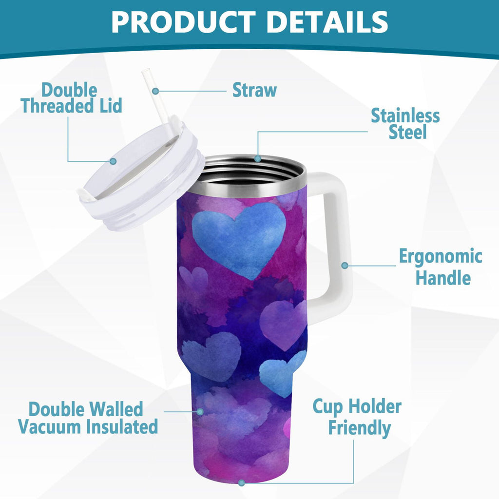 30 oz Insulated Stainless Steel Tumbler Double Wall Stainless Steel Tumbler with 2-Way Drinking Indigo and Violet Hearts | FF6H