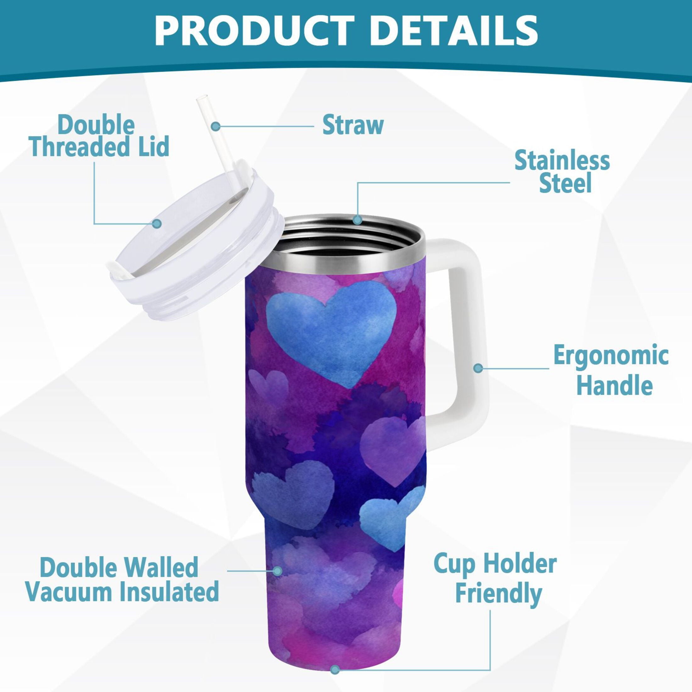 30 oz Insulated Stainless Steel Tumbler Double Wall Stainless Steel Tumbler with 2-Way Drinking Indigo and Violet Hearts | FF6H