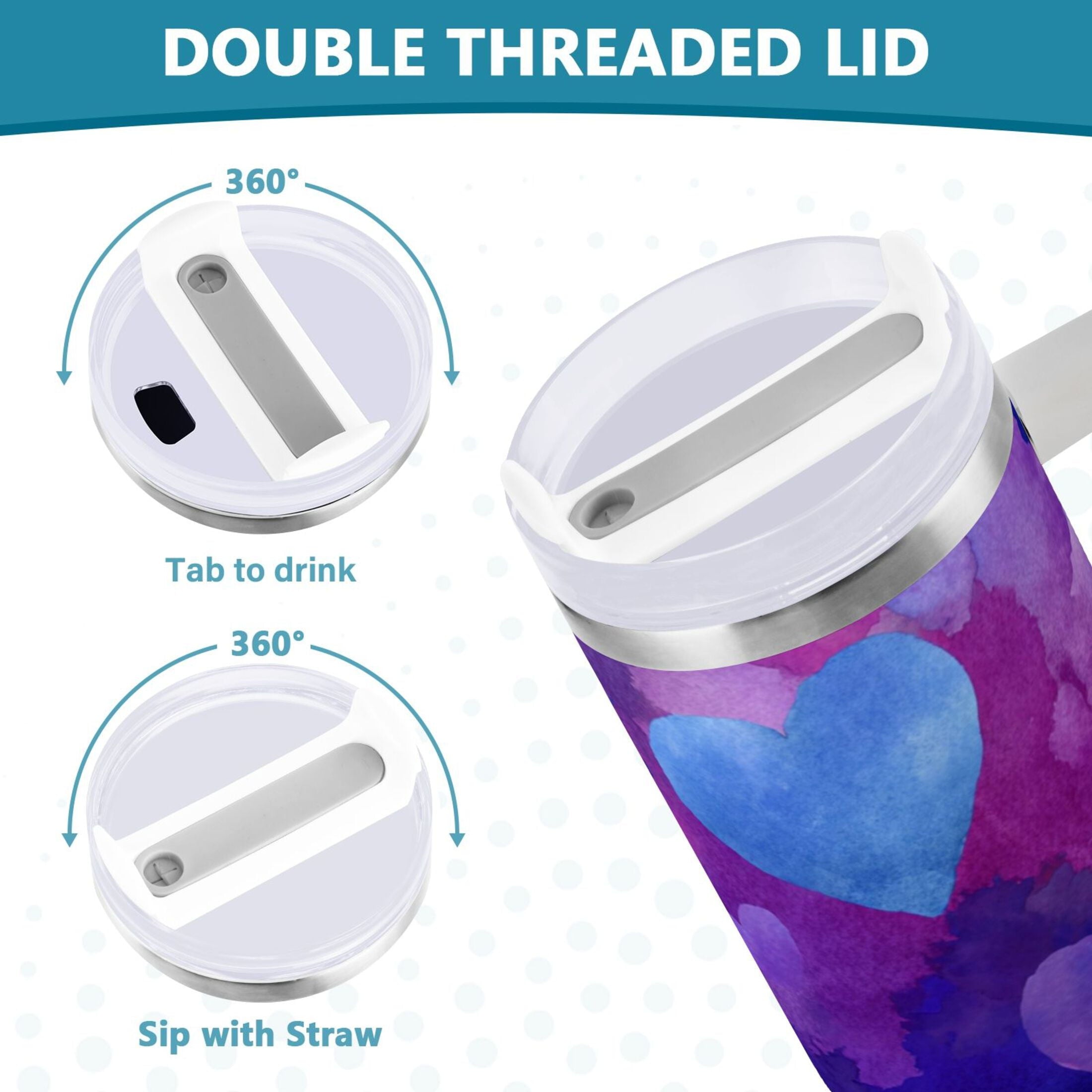 30 oz Insulated Stainless Steel Tumbler Double Wall Stainless Steel Tumbler with 2-Way Drinking Indigo and Violet Hearts | FF6H