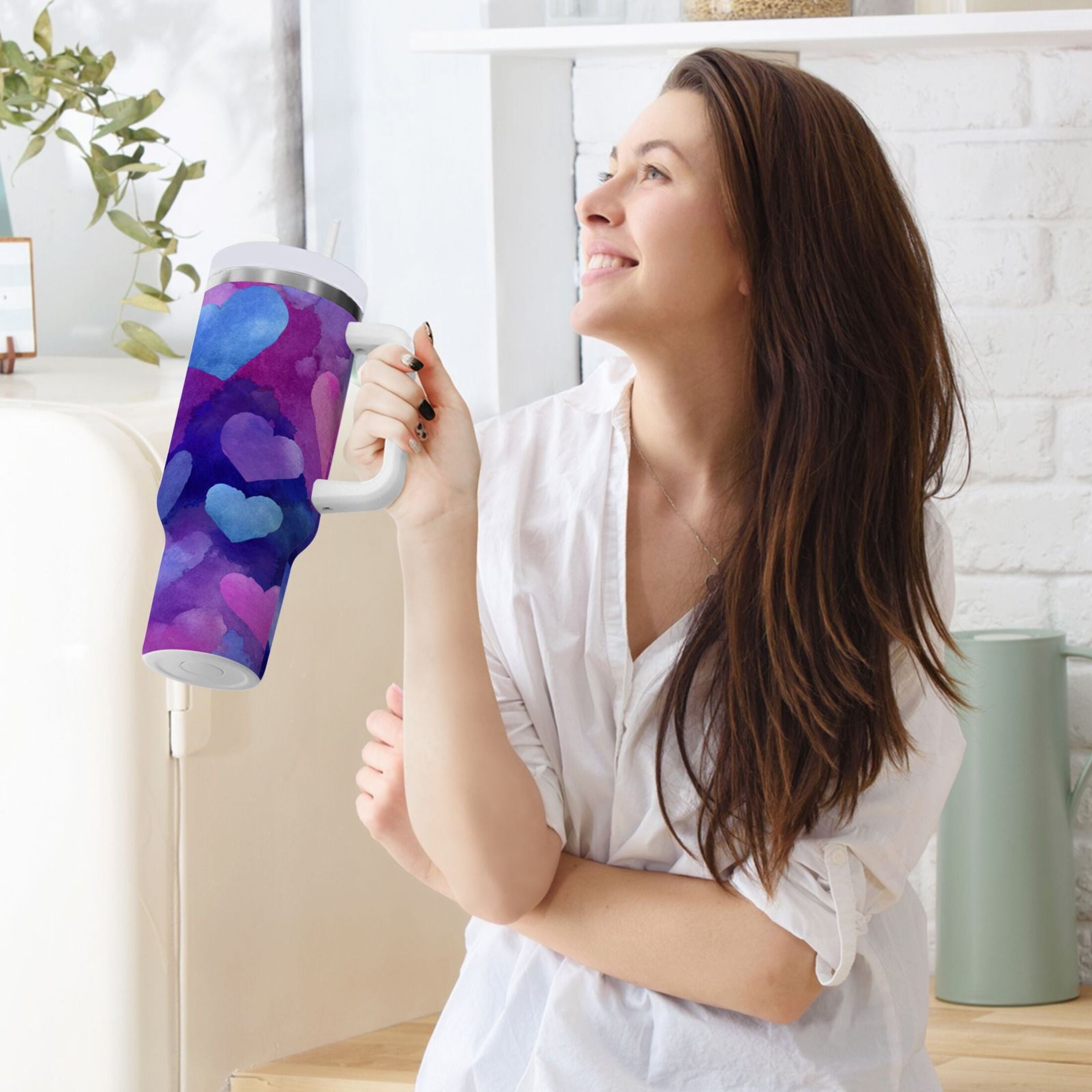 30 oz Insulated Stainless Steel Tumbler Double Wall Stainless Steel Tumbler with 2-Way Drinking Indigo and Violet Hearts | FF6H