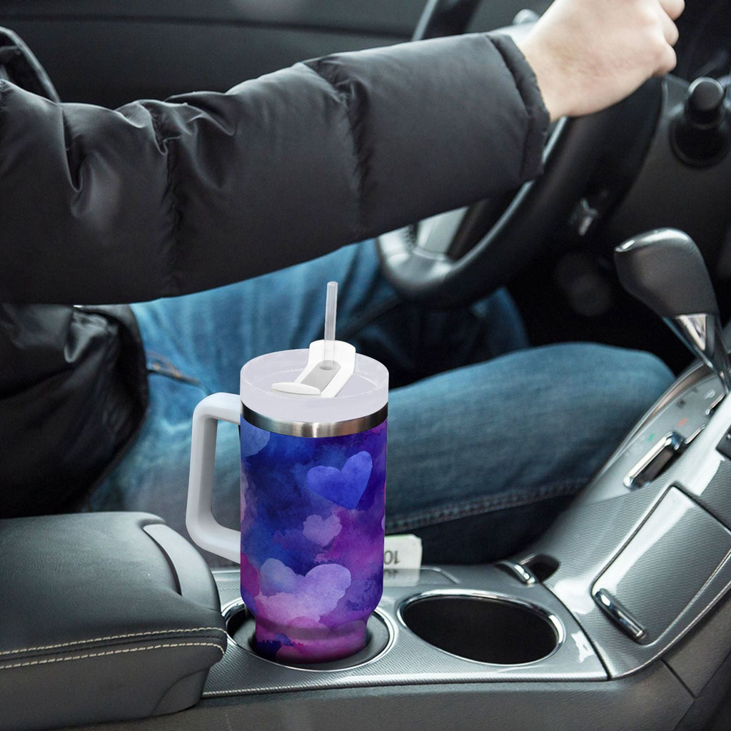 30 oz Insulated Stainless Steel Tumbler Double Wall Stainless Steel Tumbler with 2-Way Drinking Indigo and Violet Hearts | FF6H