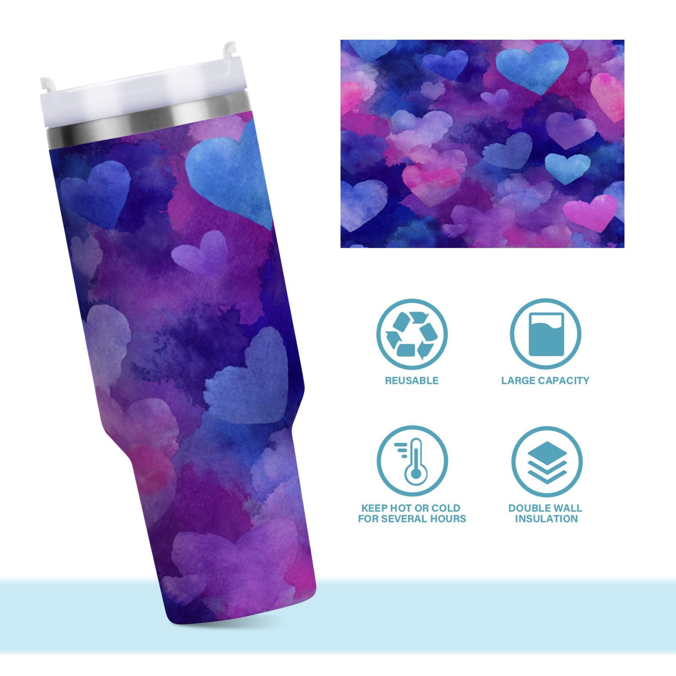 30 oz Insulated Stainless Steel Tumbler Double Wall Stainless Steel Tumbler with 2-Way Drinking Indigo and Violet Hearts | FF6H