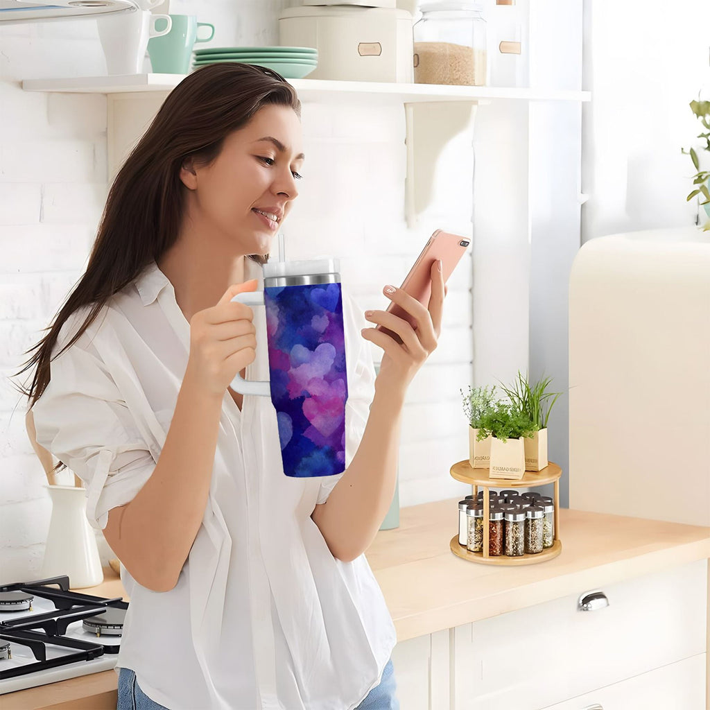 30 oz Insulated Stainless Steel Tumbler Double Wall Stainless Steel Tumbler with 2-Way Drinking Indigo and Violet Hearts | FF6H