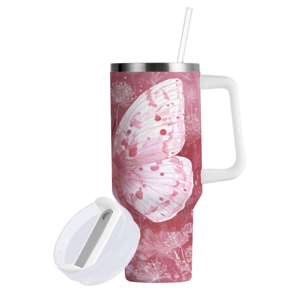 30 oz Insulated Stainless Steel Tumbler Double Wall Stainless Steel Tumbler with 2-Way Drinking Soft Pink Butterfly | YS27