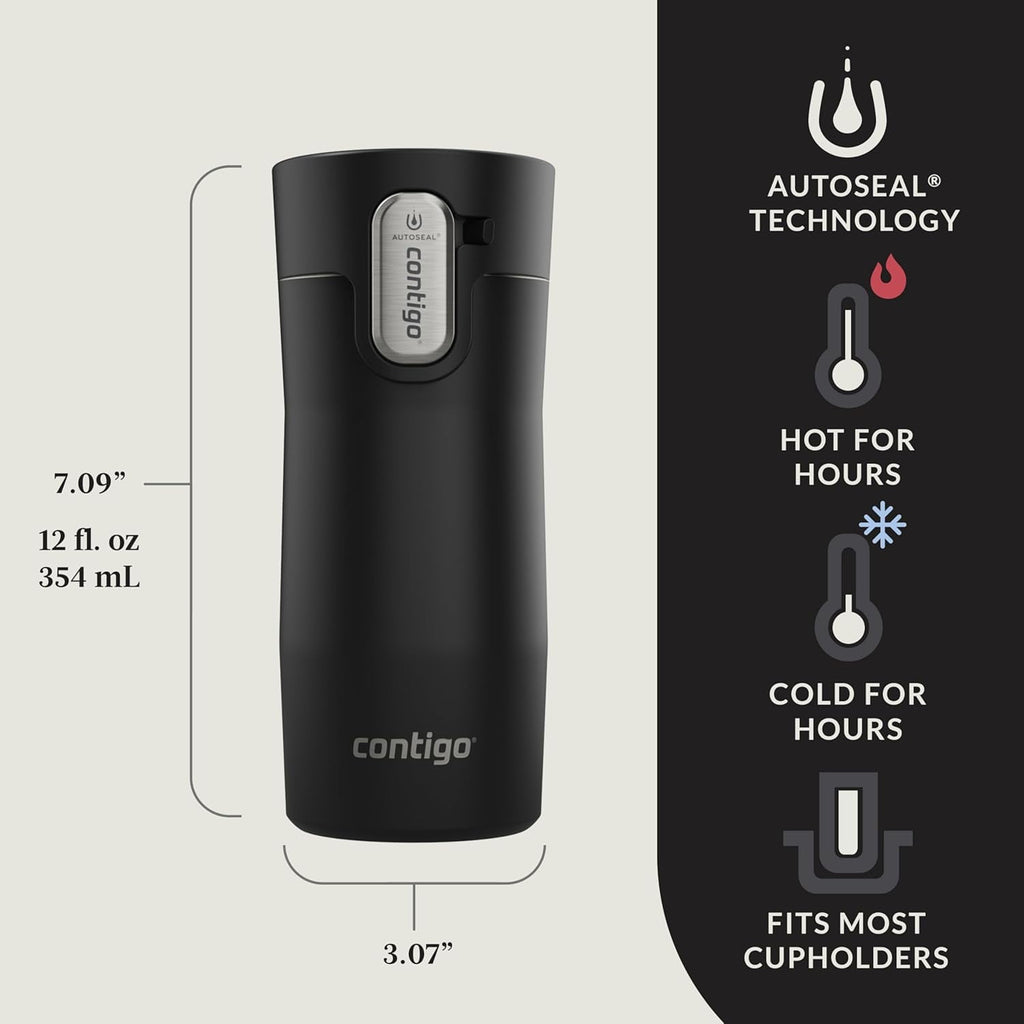 Contigo AUTOSEAL West Loop Vacuum-Insulated Stainless Steel Travel Mug with Easy-Clean Lid, 12oz, Matte Black | KDNM