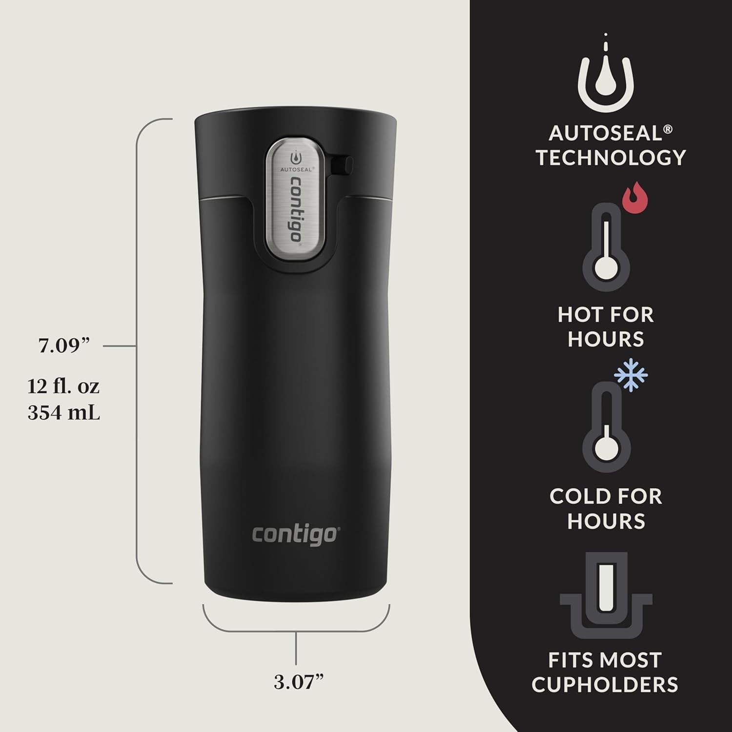 Contigo AUTOSEAL West Loop Vacuum-Insulated Stainless Steel Travel Mug with Easy-Clean Lid, 12oz, Matte Black | KDNM
