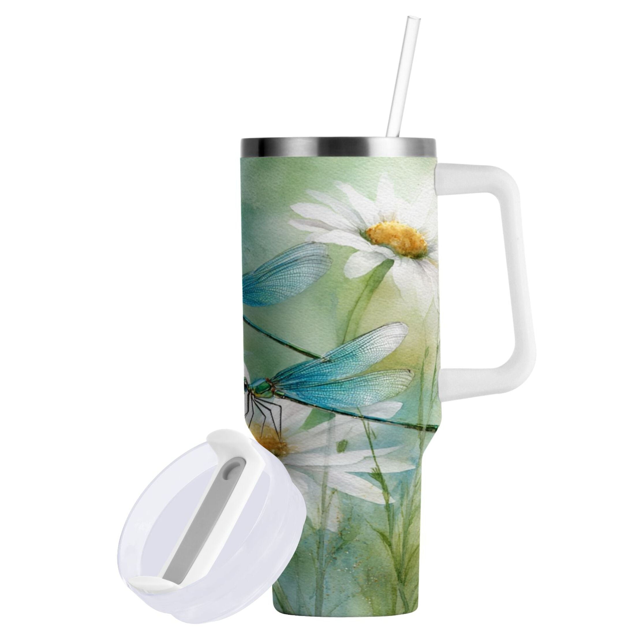 30 oz Insulated Stainless Steel Tumbler Double Wall Stainless Steel Tumbler with 2-Way Drinking Beautiful Dragonflies and Daisies | P6SW