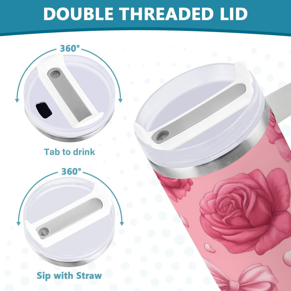 40 oz Insulated Stainless Steel Tumbler Double Wall Stainless Steel Tumbler with 2-Way Drinking Roses and Bows Pattern | F0HD