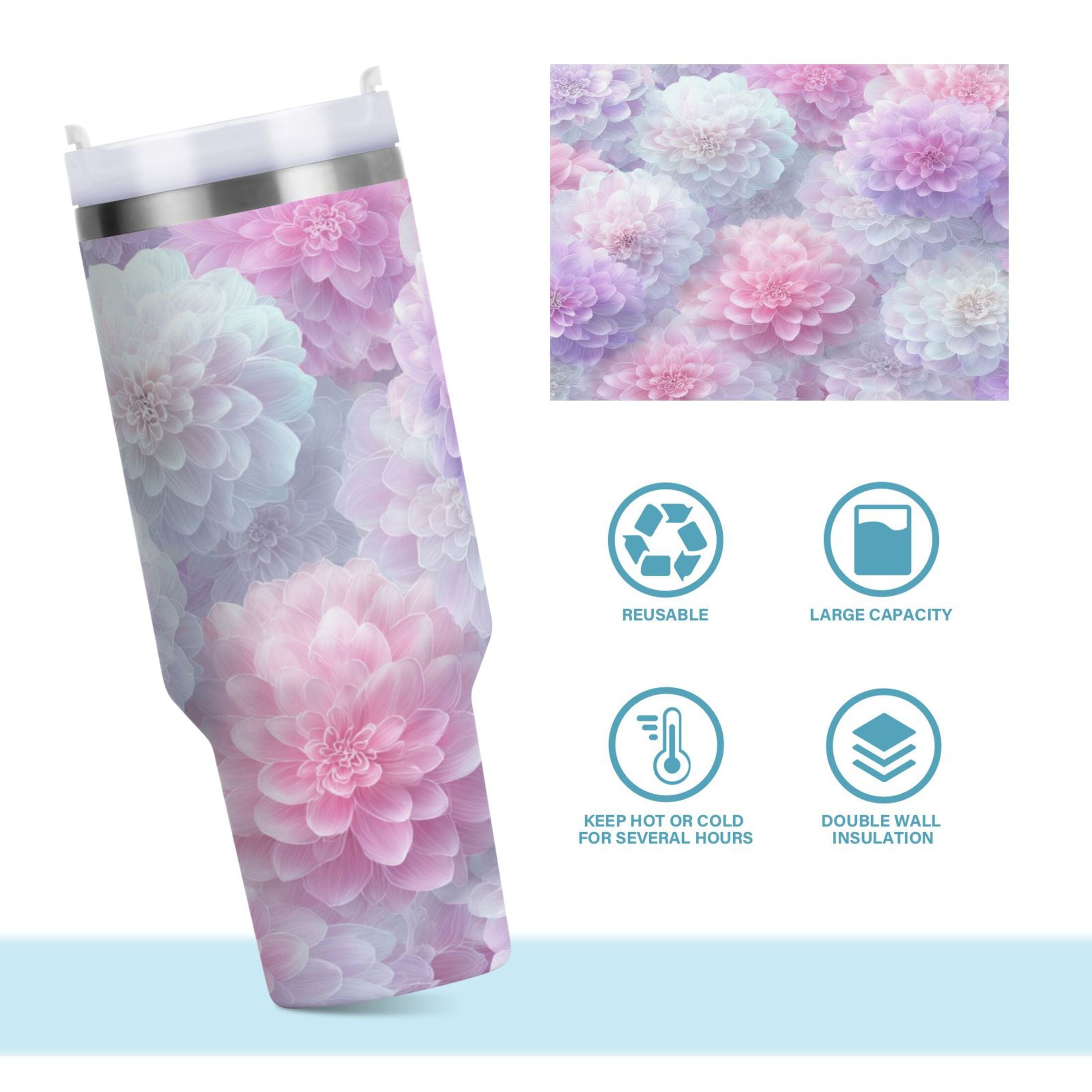 30 oz Insulated Stainless Steel Tumbler Double Wall Stainless Steel Tumbler with 2-Way Drinking Cute Pastel Watercolor Floral | 40PT