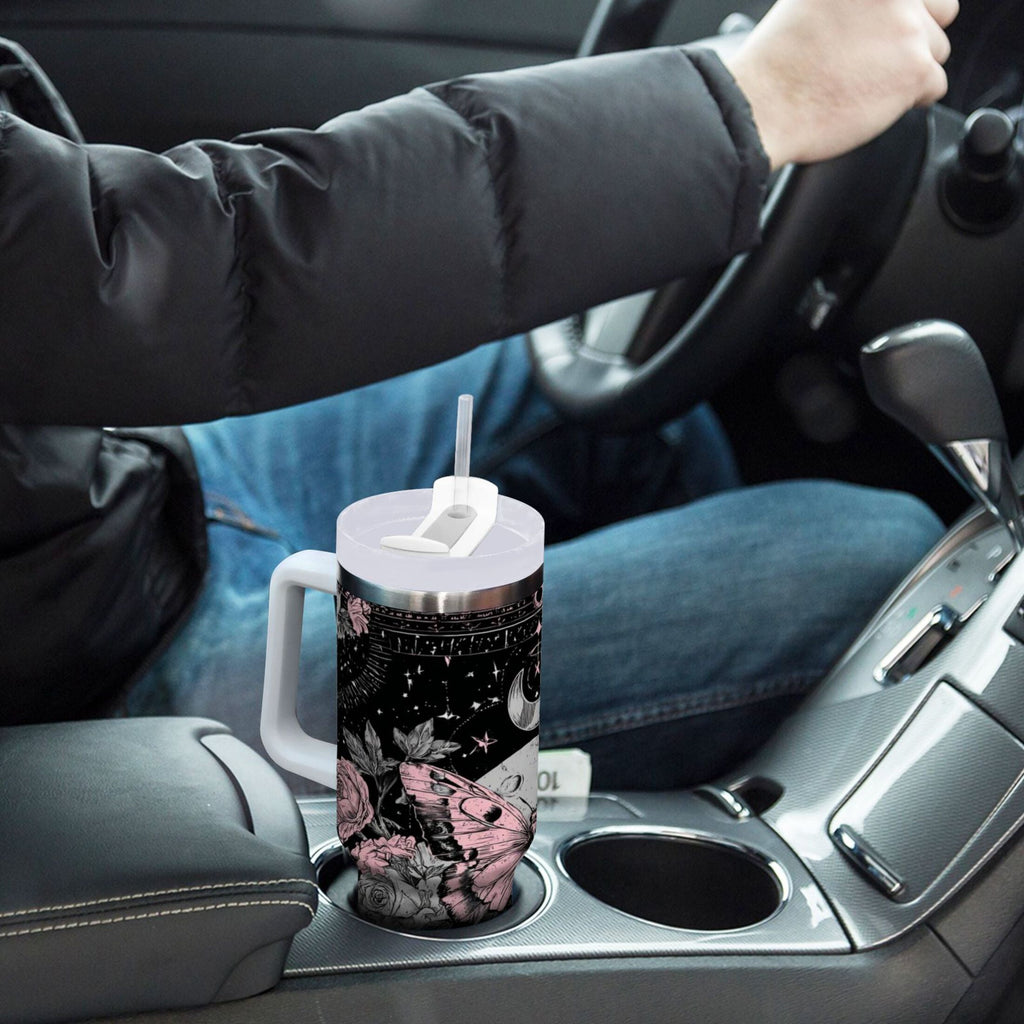 30 oz Insulated Stainless Steel Tumbler Double Wall Stainless Steel Tumbler with 2-Way Drinking Butterfly by Moon and Flowers | G7R9