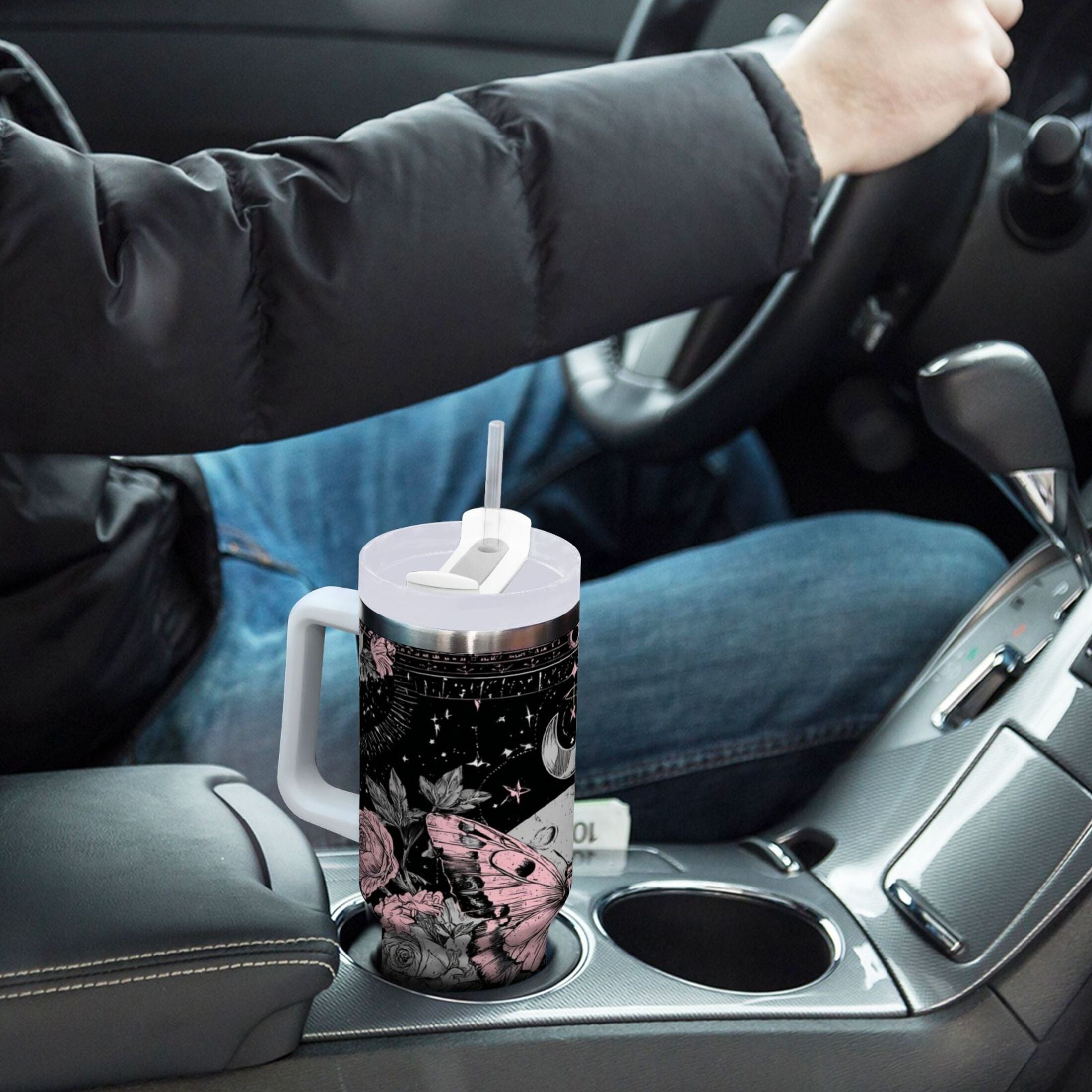 30 oz Insulated Stainless Steel Tumbler Double Wall Stainless Steel Tumbler with 2-Way Drinking Butterfly by Moon and Flowers | G7R9