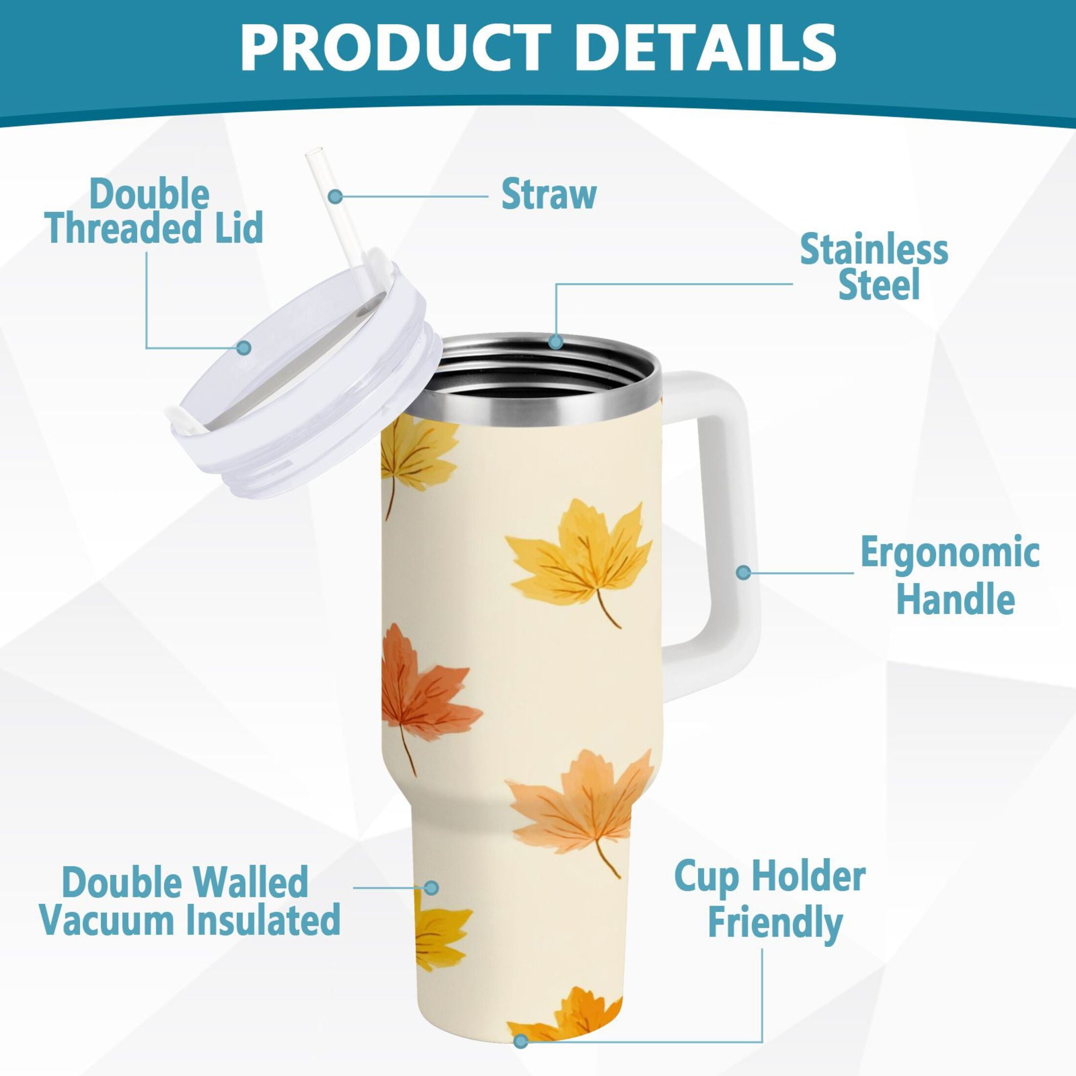 40 oz Insulated Stainless Steel Tumbler Double Wall Stainless Steel Tumbler with 2-Way Drinking Yellow Maple Leaves Pattern | 461P