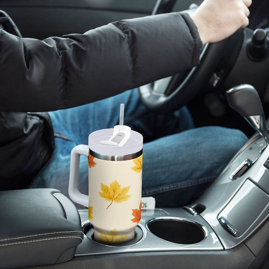 40 oz Insulated Stainless Steel Tumbler Double Wall Stainless Steel Tumbler with 2-Way Drinking Yellow Maple Leaves Pattern | 461P