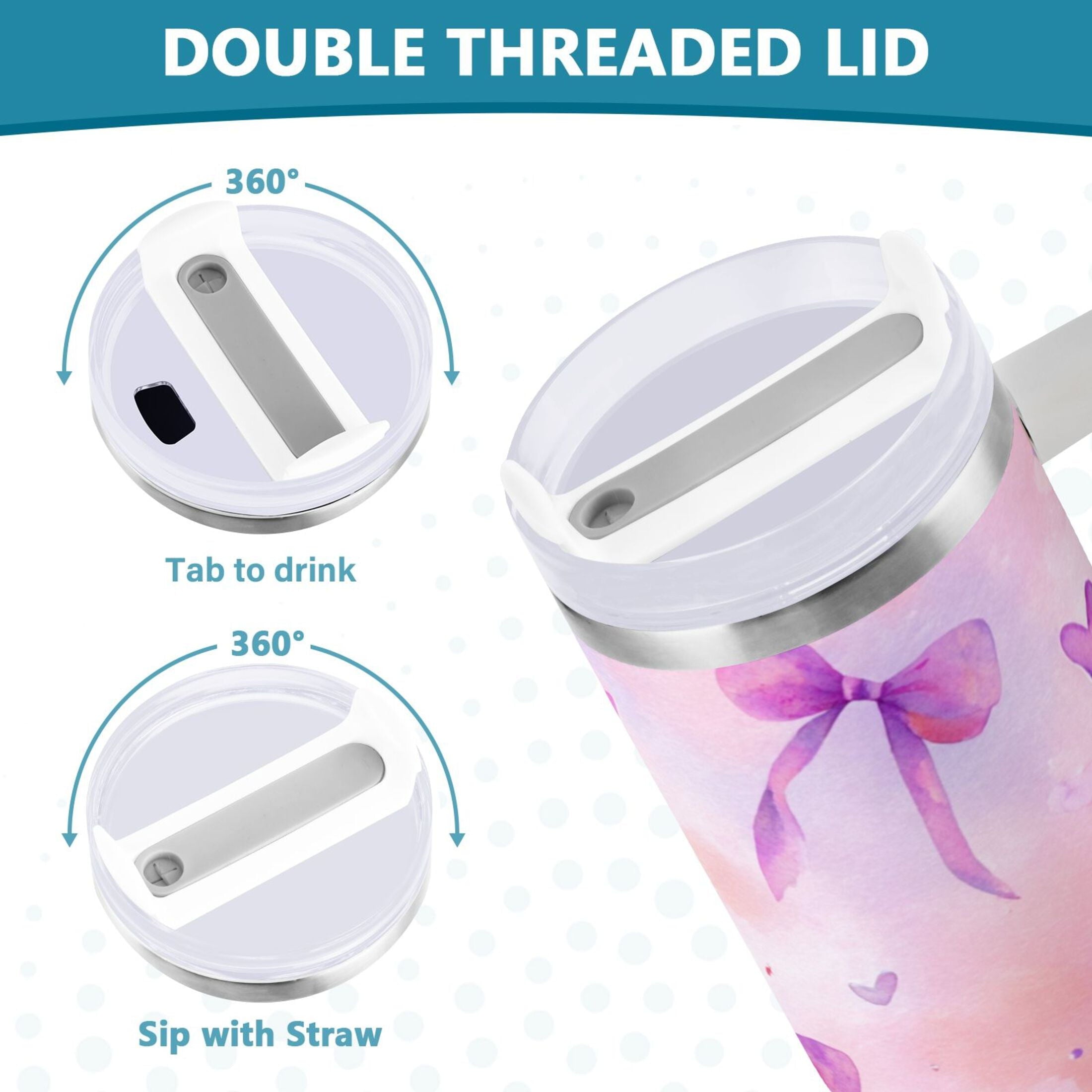 30 oz Insulated Stainless Steel Tumbler Double Wall Stainless Steel Tumbler with 2-Way Drinking Watercolor Purple Bows | CDPR
