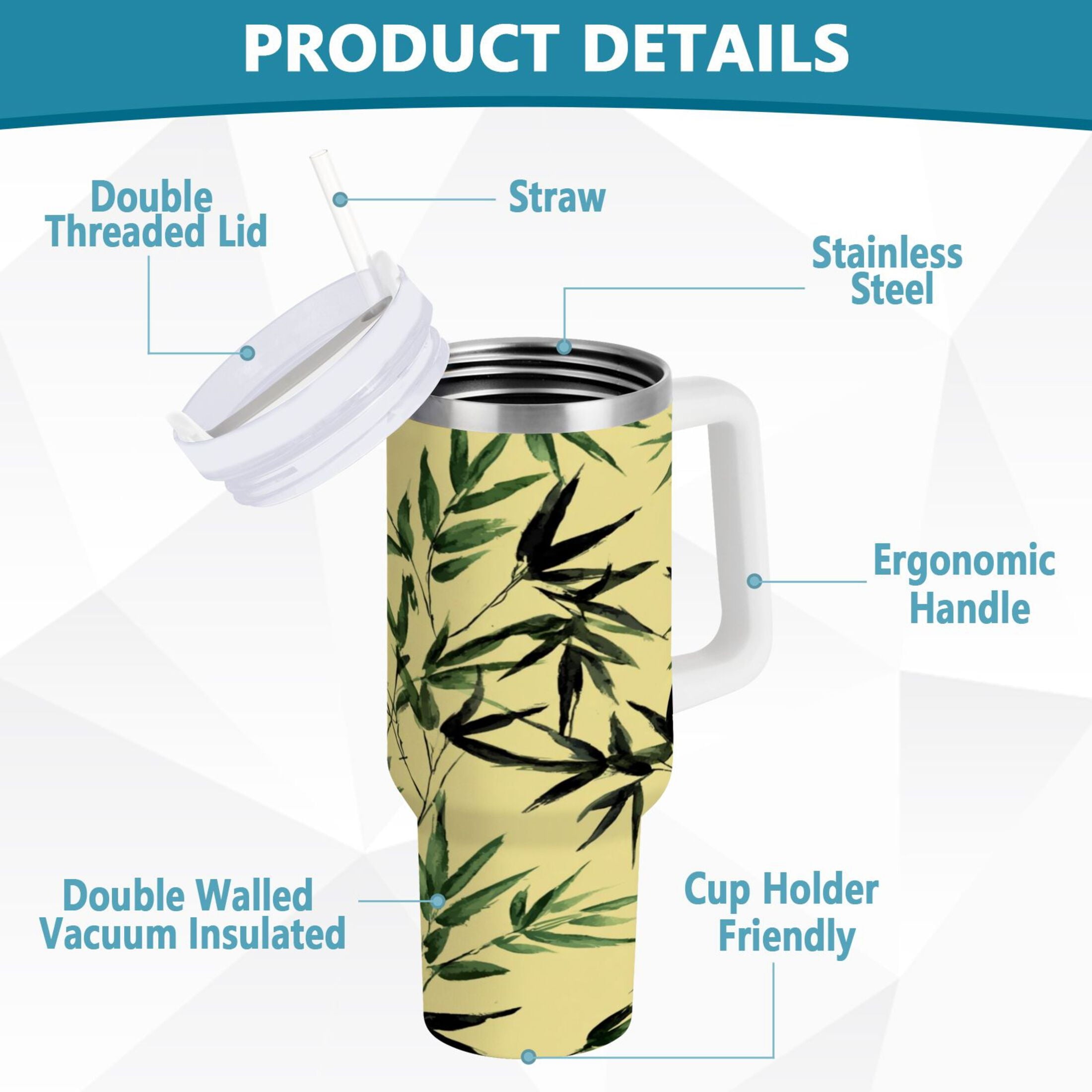 30 oz Insulated Stainless Steel Tumbler Double Wall Stainless Steel Tumbler with 2-Way Drinking Bamboo and Green Leaves | 90ND