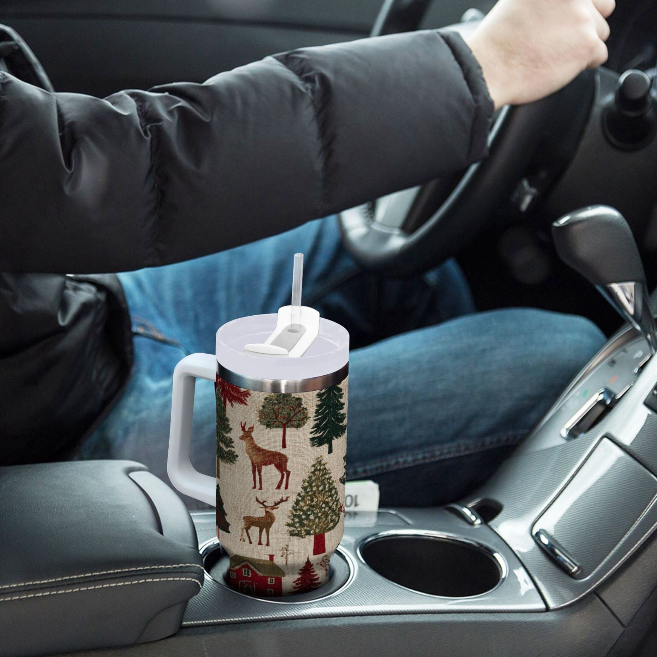 30 oz Insulated Stainless Steel Tumbler Double Wall Stainless Steel Tumbler with 2-Way Drinking Christmas Trees Deer and Houses | DHGE