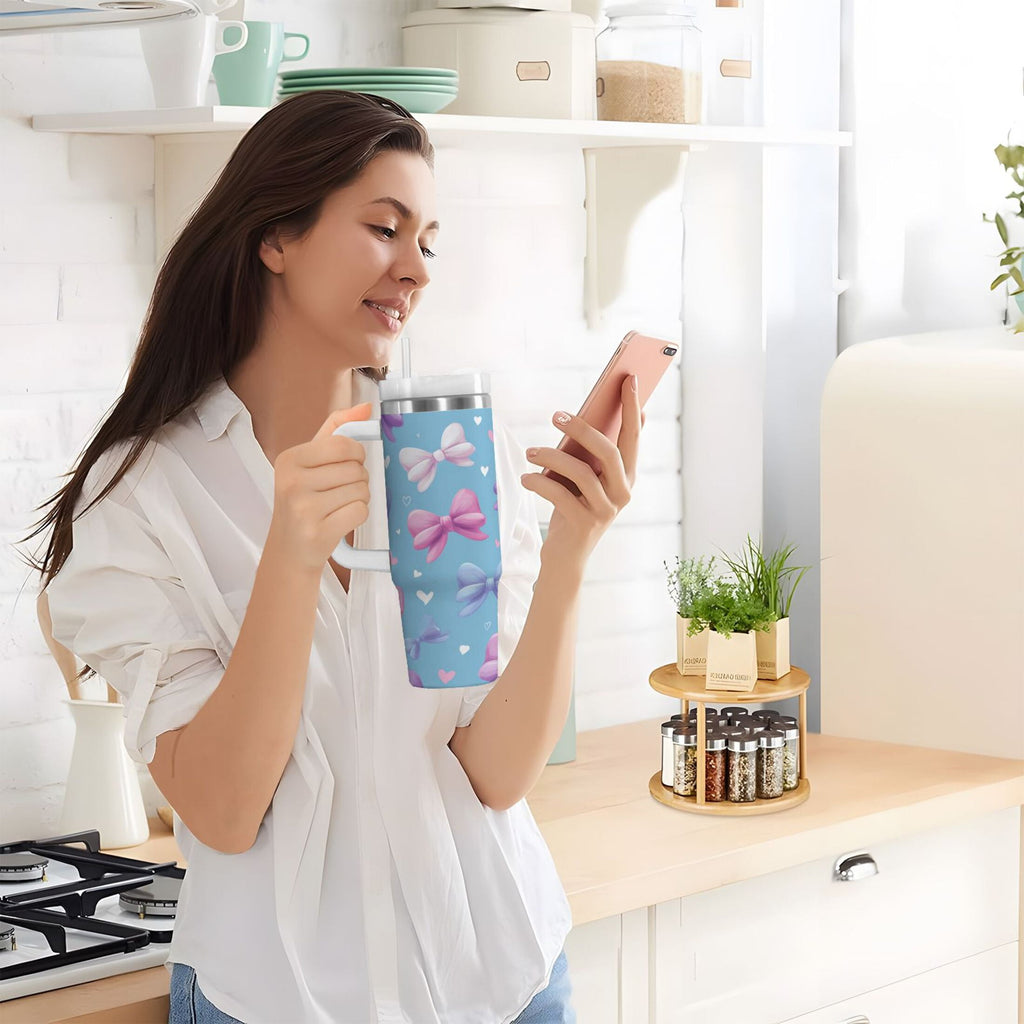30 oz Insulated Stainless Steel Tumbler Double Wall Stainless Steel Tumbler with 2-Way Drinking Pink and Purple Bows | AORP
