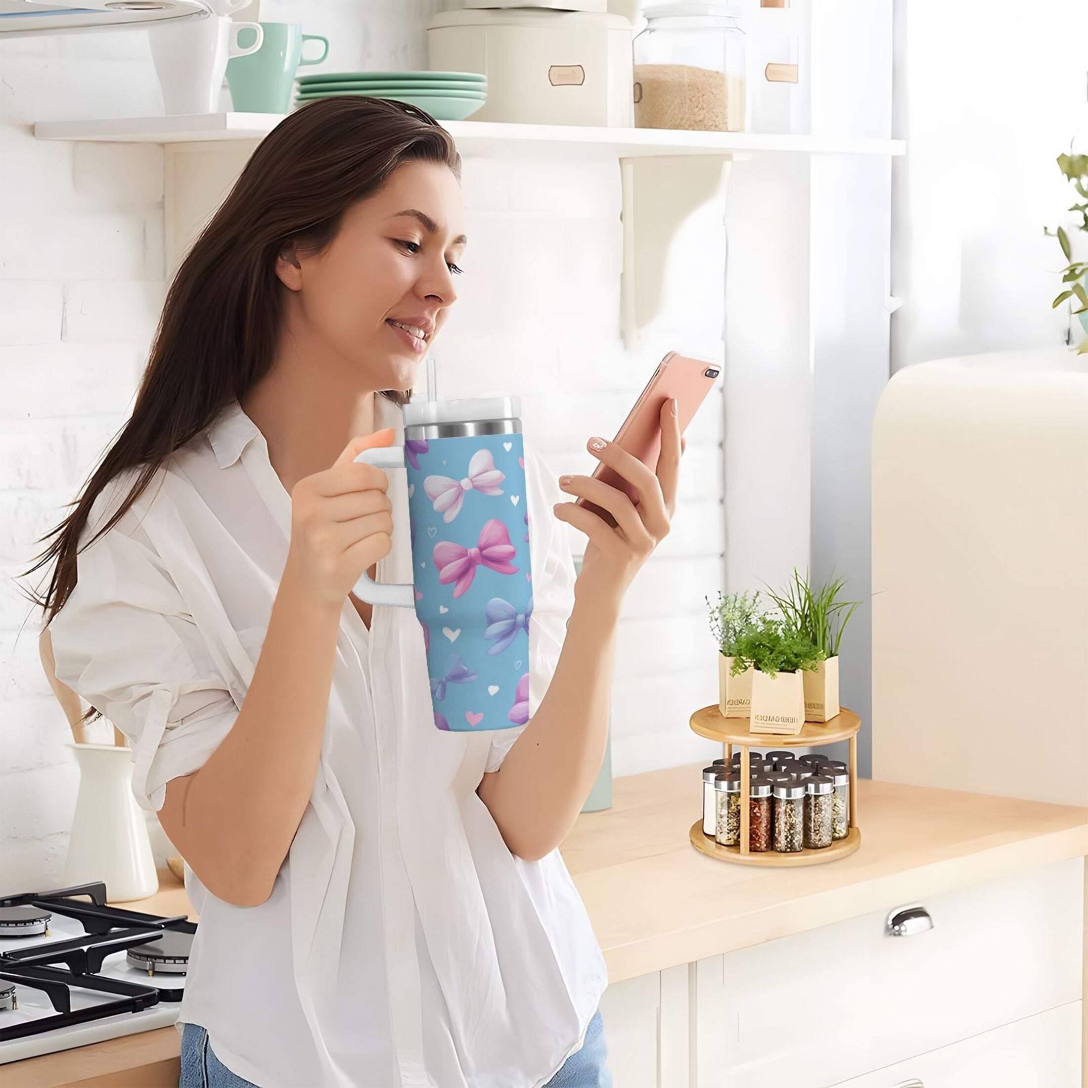 30 oz Insulated Stainless Steel Tumbler Double Wall Stainless Steel Tumbler with 2-Way Drinking Pink and Purple Bows | AORP