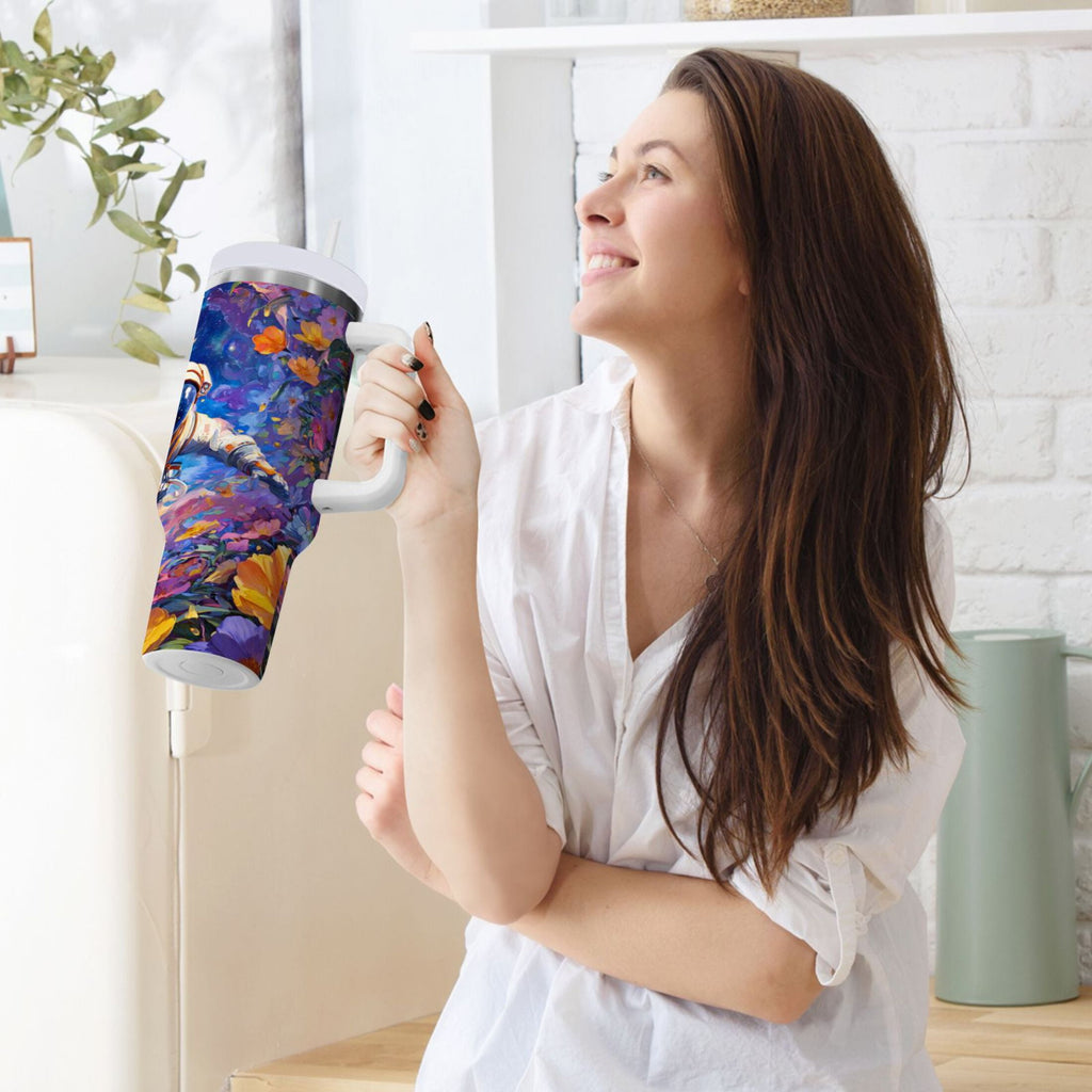 40 oz Insulated Stainless Steel Tumbler Double Wall Stainless Steel Tumbler with 2-Way Drinking Astronaut and Colorful Flowers | VJQ7