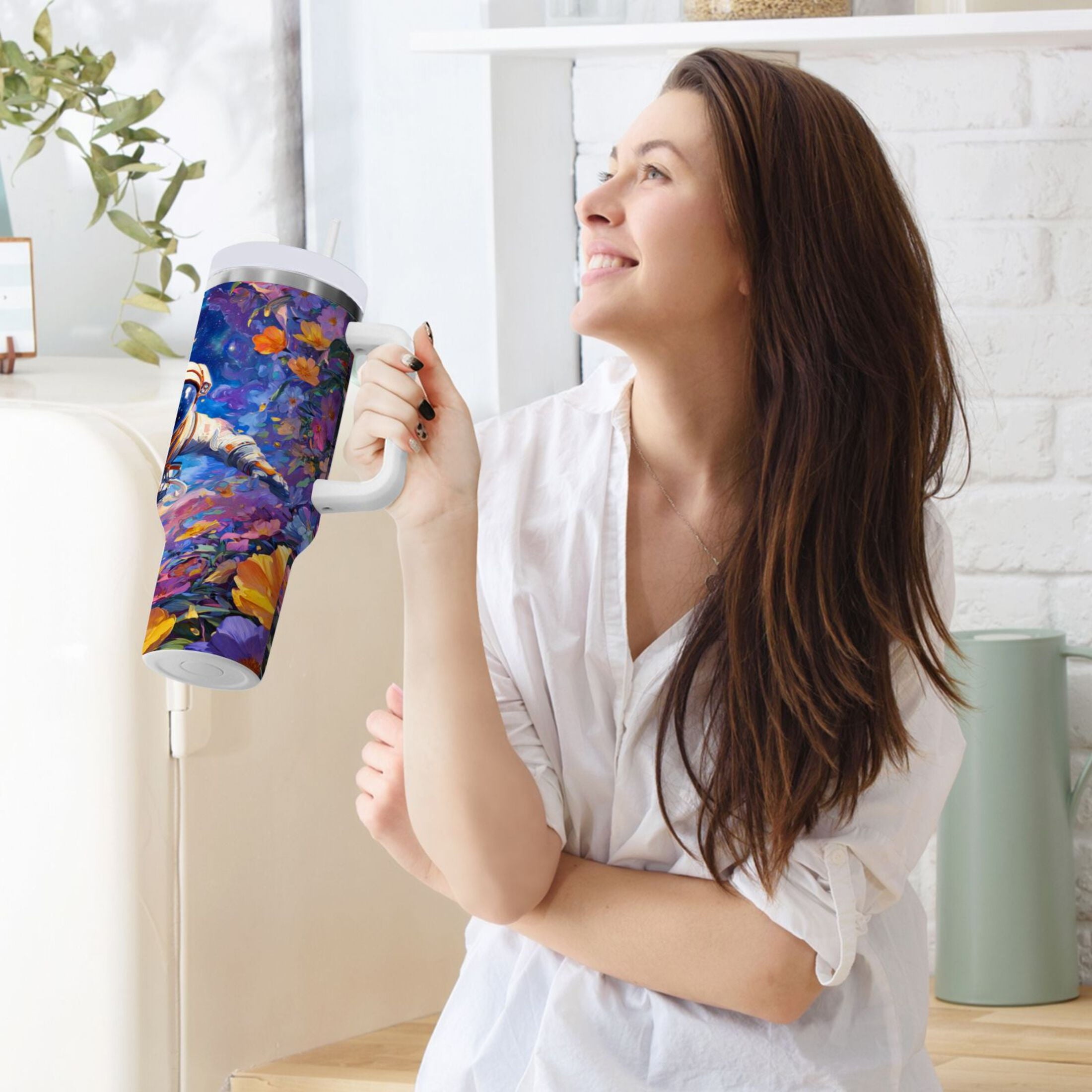 40 oz Insulated Stainless Steel Tumbler Double Wall Stainless Steel Tumbler with 2-Way Drinking Astronaut and Colorful Flowers | VJQ7