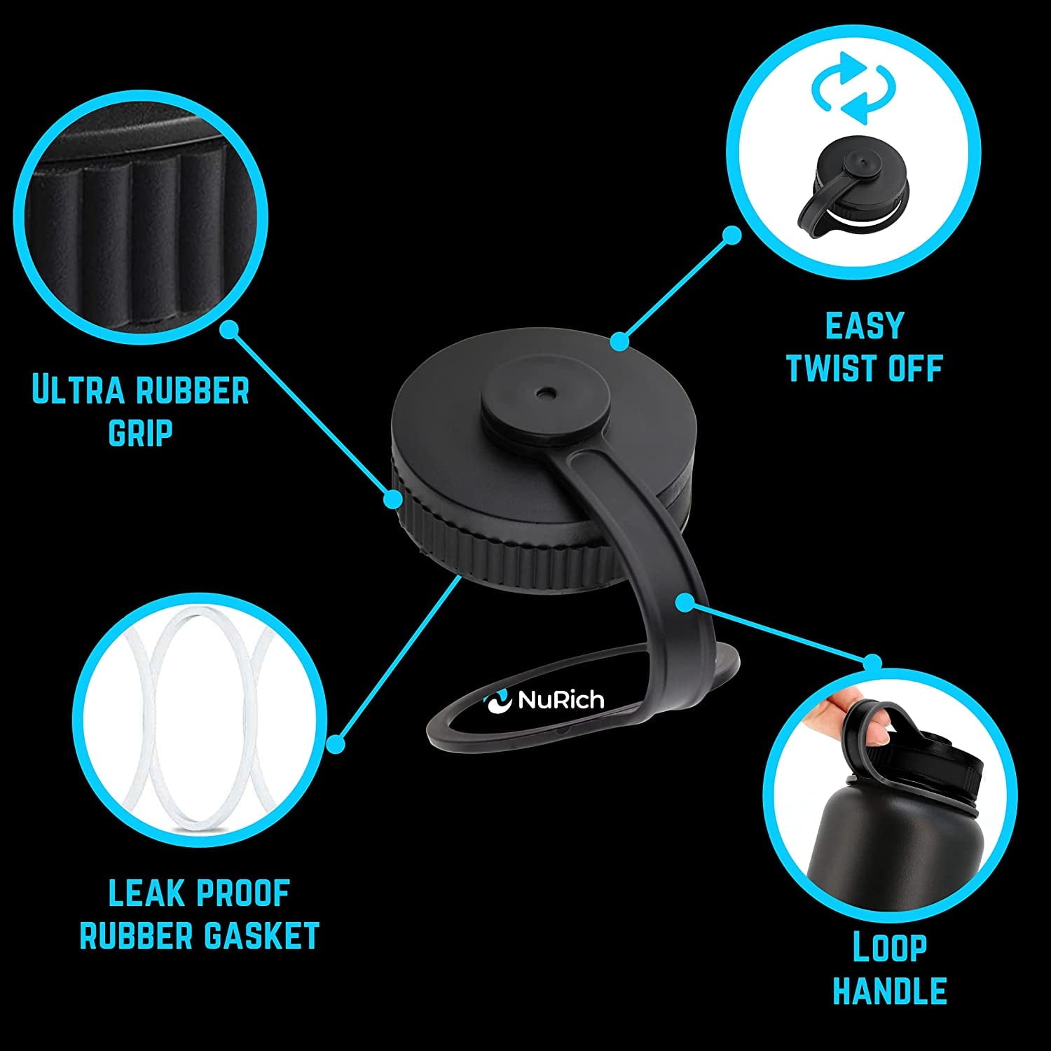 NuRich Loop Top Lid for Wide Mouth Hydro Flask, Nalgene &amp; Simple Water Bottles | 3A8P