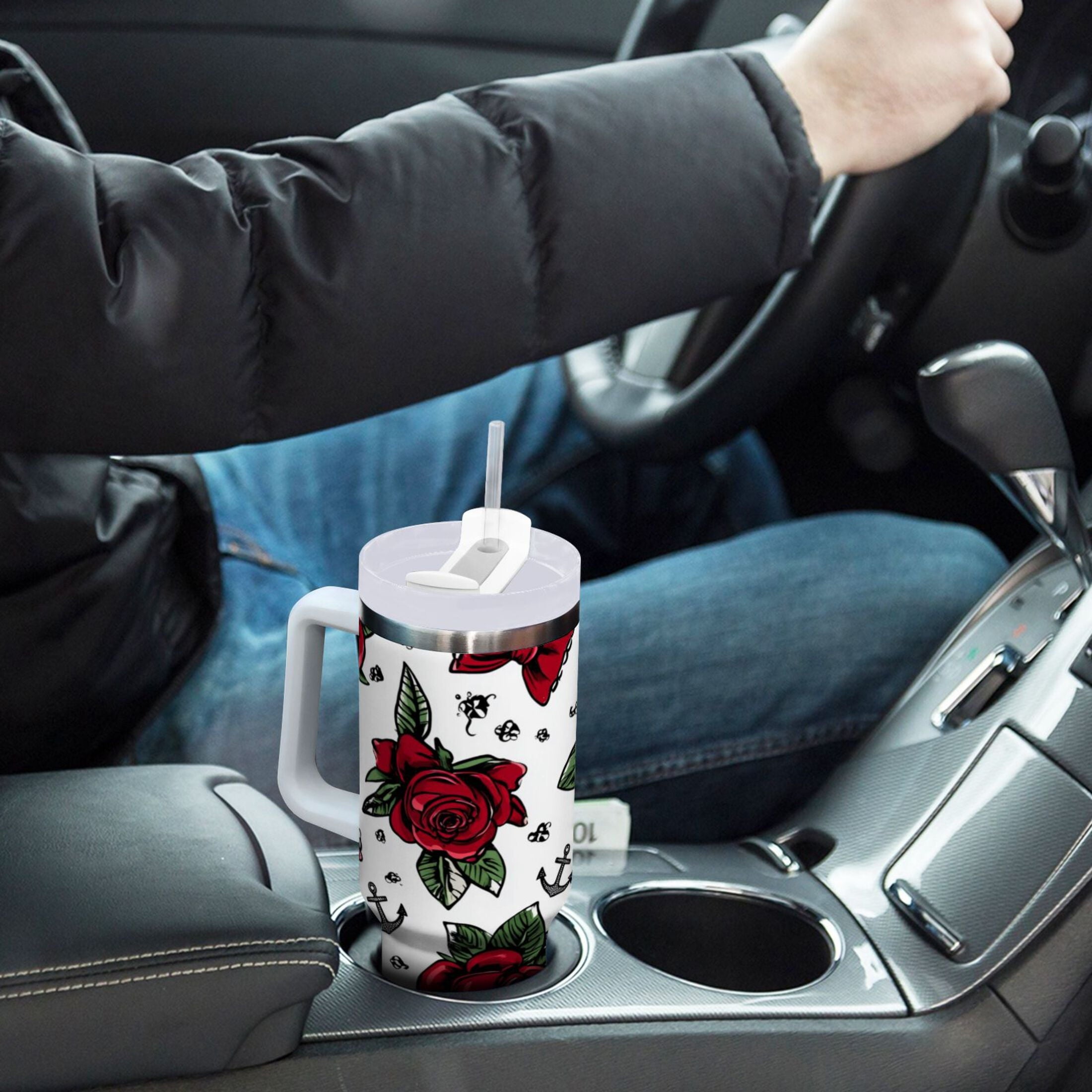 40 oz Insulated Stainless Steel Tumbler Double Wall Stainless Steel Tumbler with 2-Way Drinking Red Roses and Cherries | NJNQ
