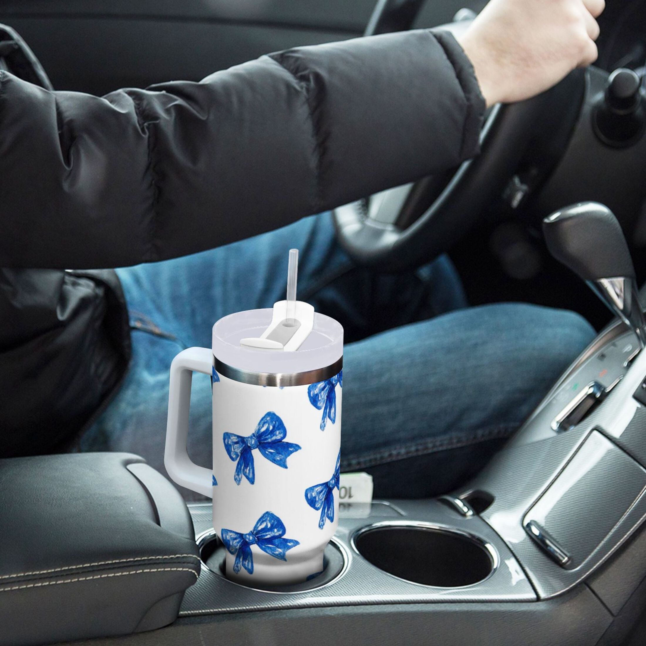 30 oz Insulated Stainless Steel Tumbler Double Wall Stainless Steel Tumbler with 2-Way Drinking Blue Bows Pattern | LSH4
