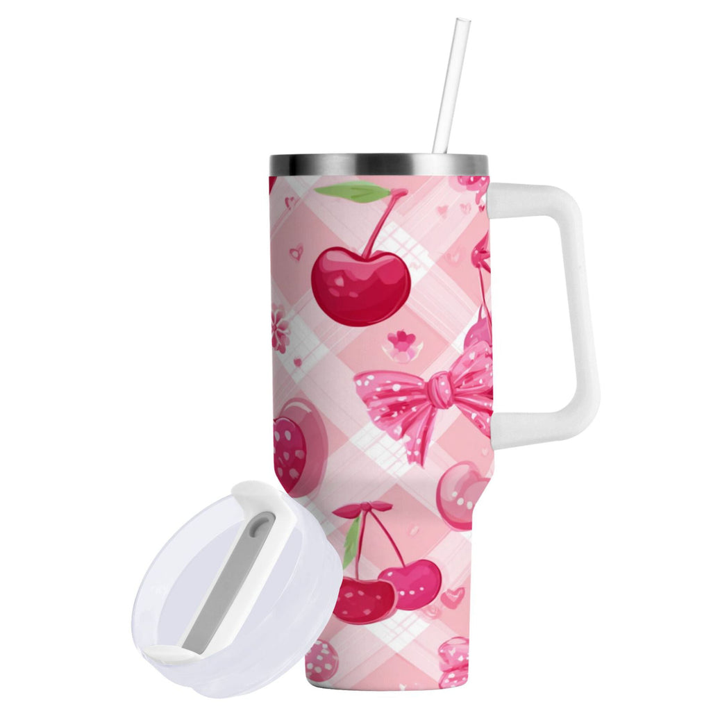 30 oz Insulated Stainless Steel Tumbler Double Wall Stainless Steel Tumbler with 2-Way Drinking Cherry and Pink Bow Pattern | YFZS