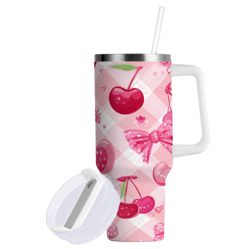30 oz Insulated Stainless Steel Tumbler Double Wall Stainless Steel Tumbler with 2-Way Drinking Cherry and Pink Bow Pattern | YFZS