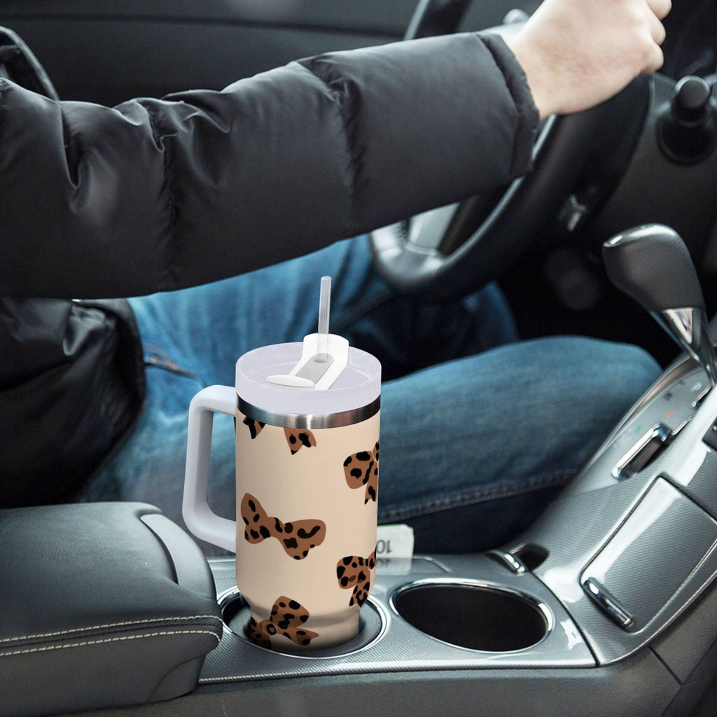 30 oz Insulated Stainless Steel Tumbler Double Wall Stainless Steel Tumbler with 2-Way Drinking Cute Brown Bow | 79NV