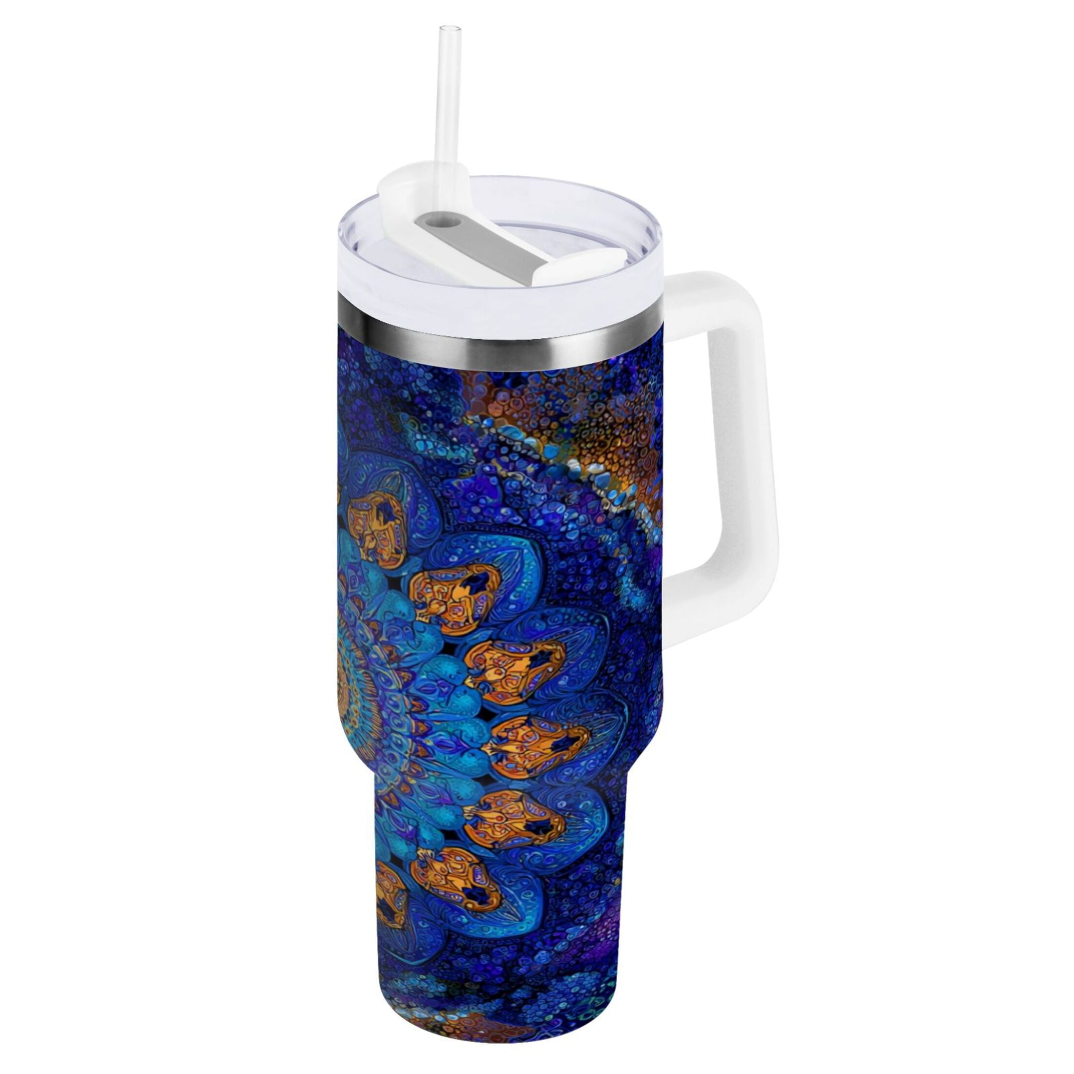 30 oz Insulated Stainless Steel Tumbler Double Wall Stainless Steel Tumbler with 2-Way Drinking Blue Kaleidoscopic Pattern | TKKV