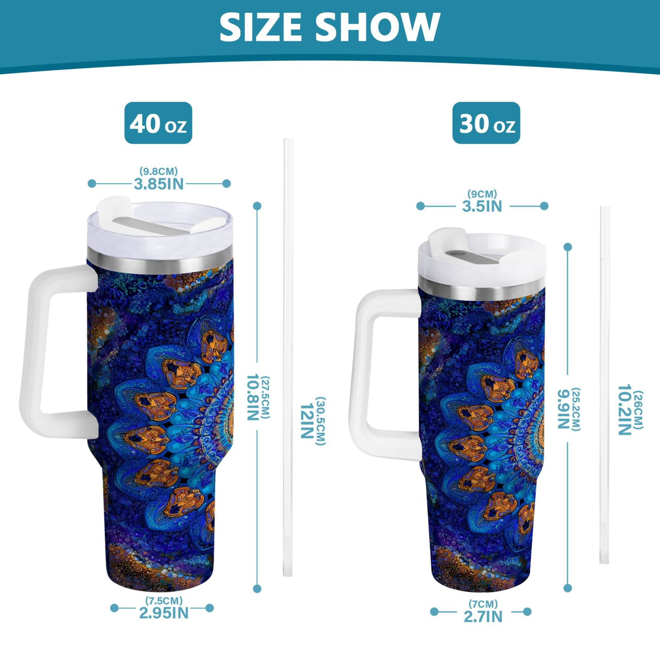 30 oz Insulated Stainless Steel Tumbler Double Wall Stainless Steel Tumbler with 2-Way Drinking Blue Kaleidoscopic Pattern | TKKV