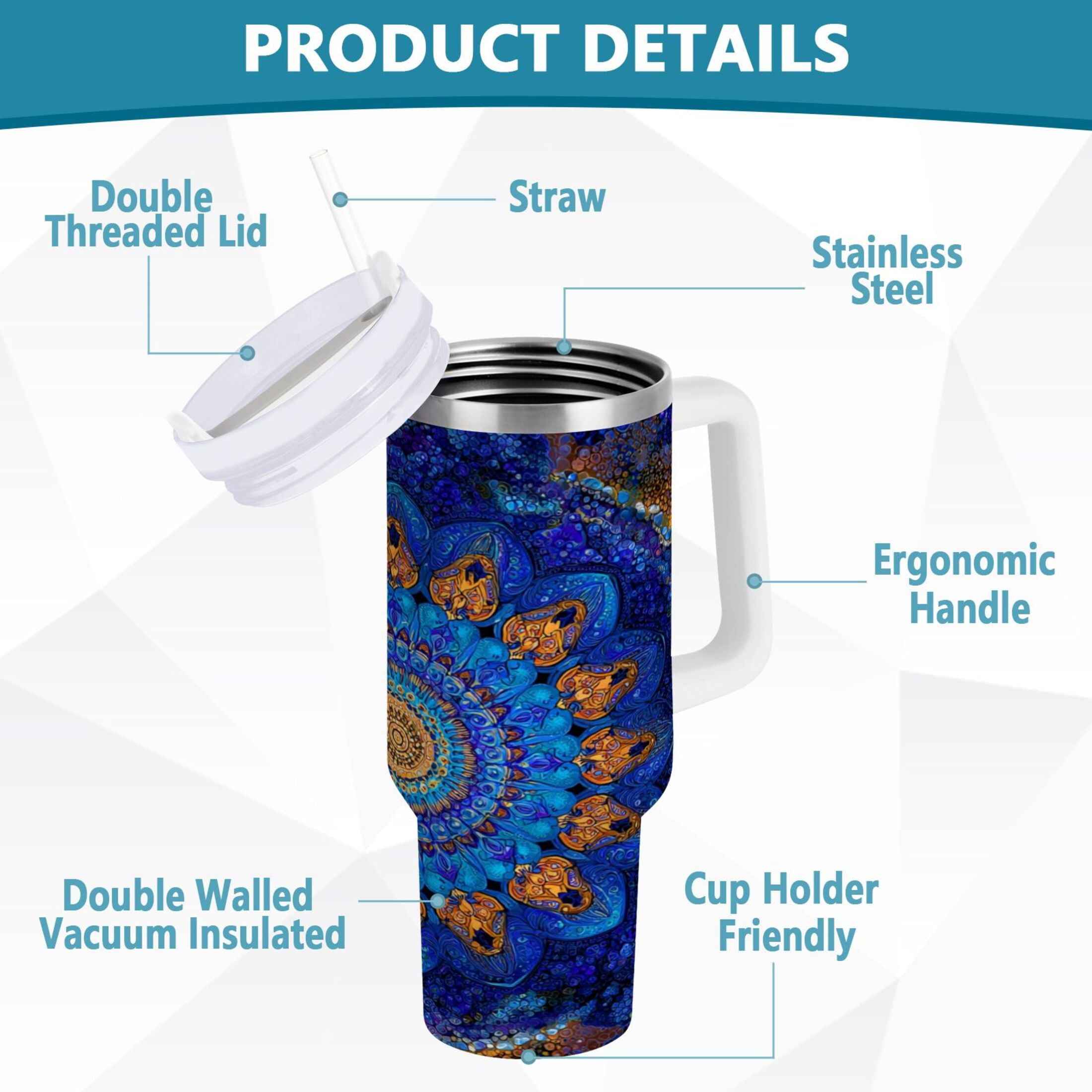 30 oz Insulated Stainless Steel Tumbler Double Wall Stainless Steel Tumbler with 2-Way Drinking Blue Kaleidoscopic Pattern | TKKV