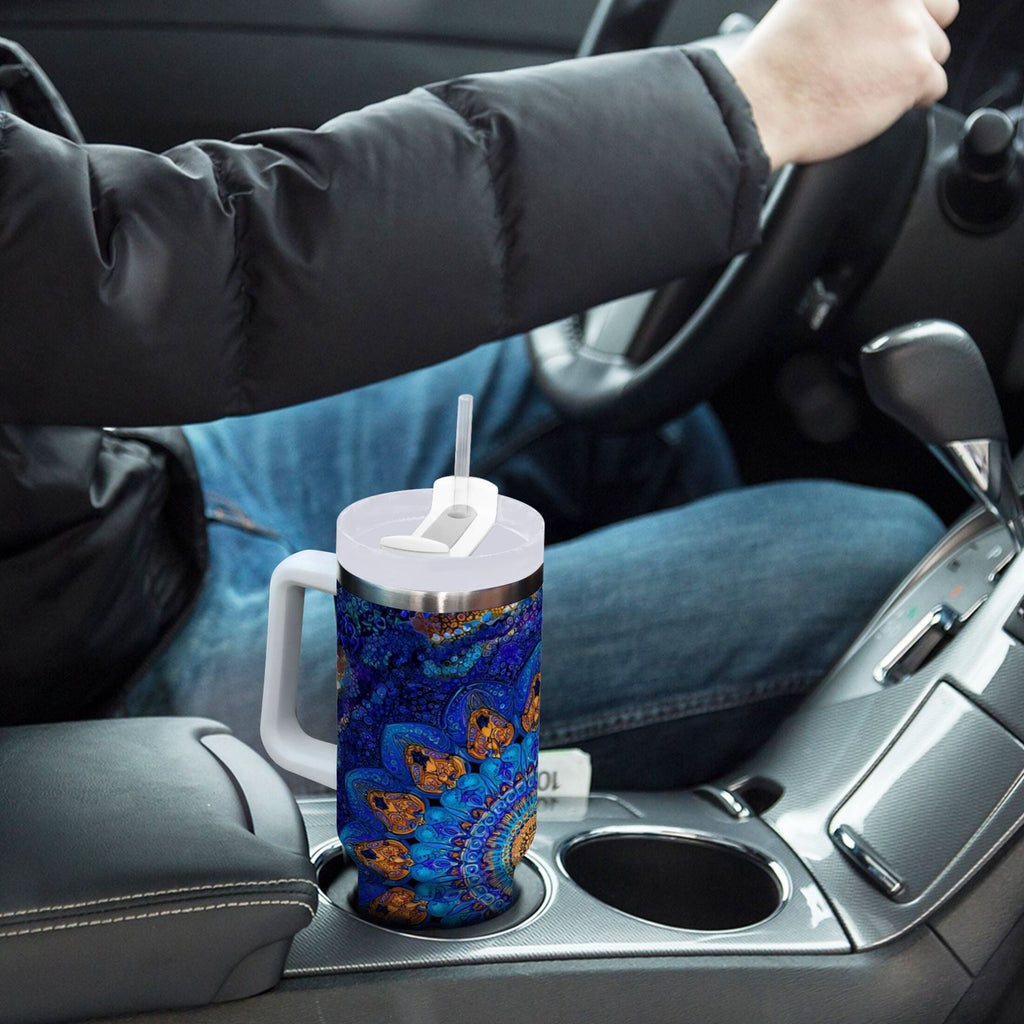 30 oz Insulated Stainless Steel Tumbler Double Wall Stainless Steel Tumbler with 2-Way Drinking Blue Kaleidoscopic Pattern | TKKV