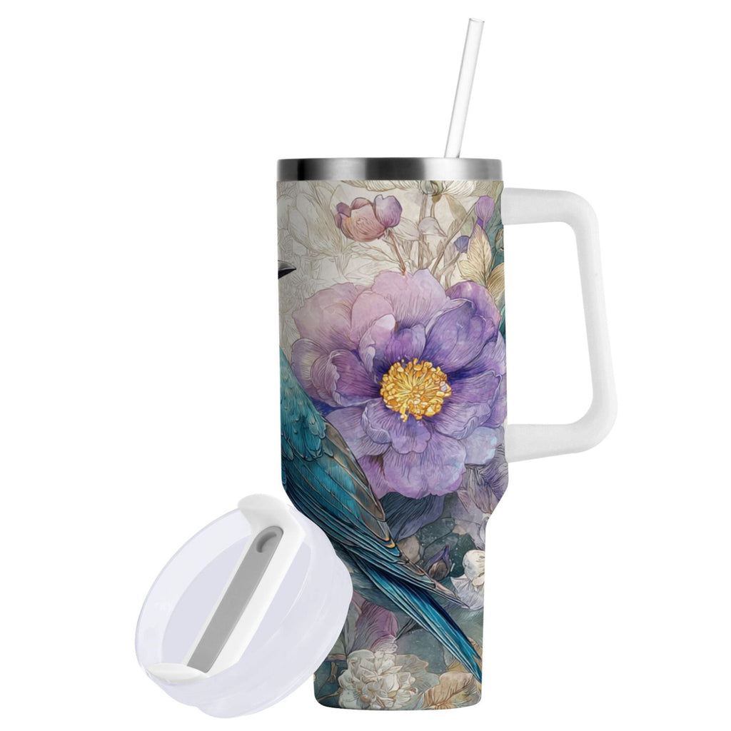 30 oz Insulated Stainless Steel Tumbler Double Wall Stainless Steel Tumbler with 2-Way Drinking Bluebird and Flower | 55IV