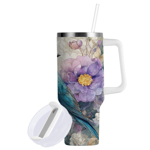 30 oz Insulated Stainless Steel Tumbler Double Wall Stainless Steel Tumbler with 2-Way Drinking Bluebird and Flower | 55IV