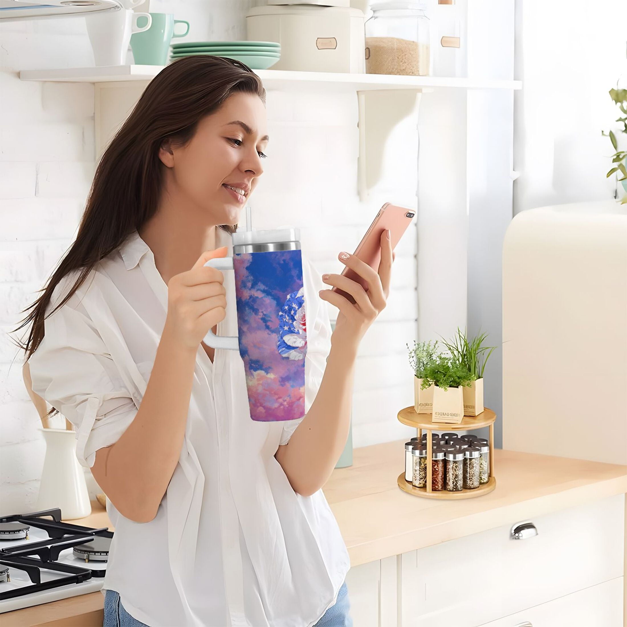 30 oz Insulated Stainless Steel Tumbler Double Wall Stainless Steel Tumbler with 2-Way Drinking Rose with Flag Pattern | B8EC