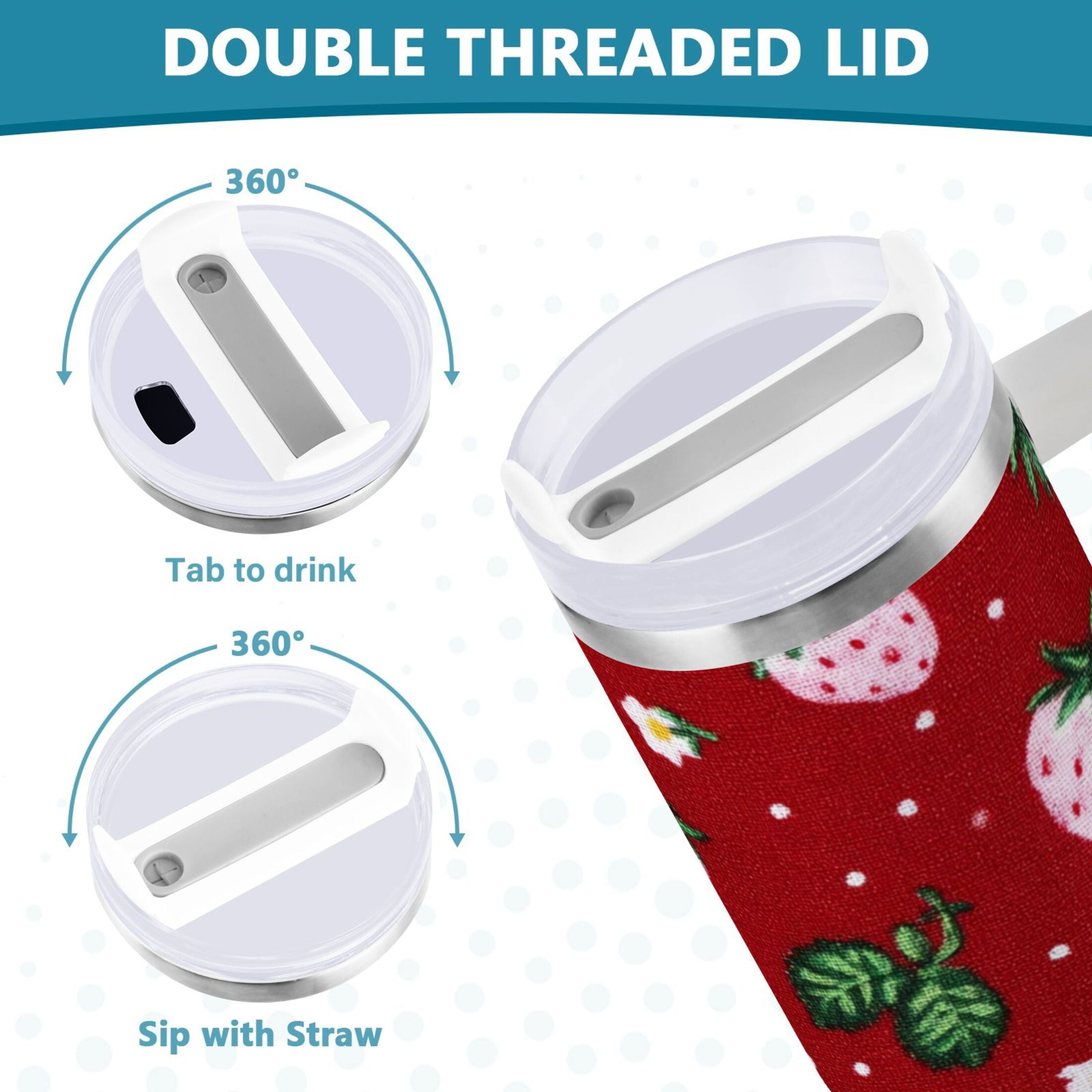 30 oz Insulated Stainless Steel Tumbler Double Wall Stainless Steel Tumbler with 2-Way Drinking Cute Pink Strawberry Pattern | 5TCD