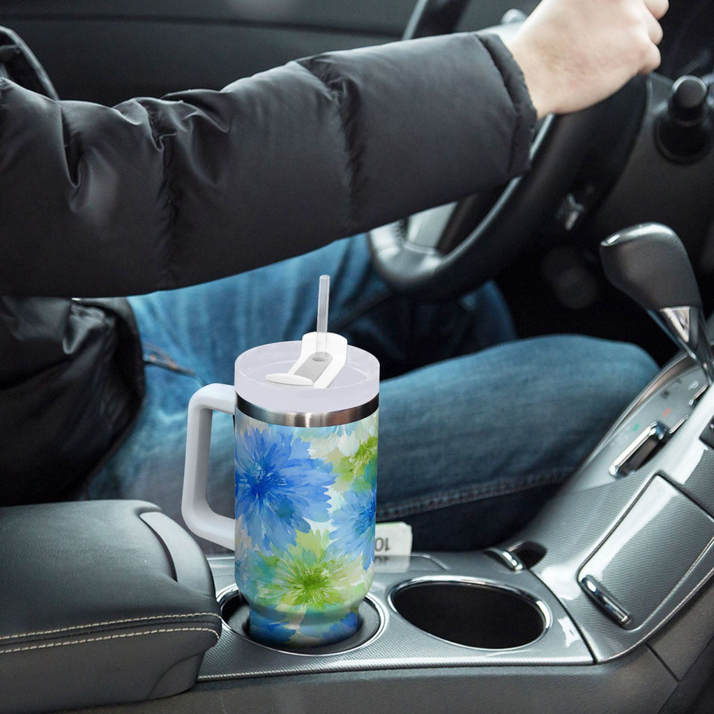 40 oz Insulated Stainless Steel Tumbler Double Wall Stainless Steel Tumbler with 2-Way Drinking Watercolor Blue Cornflowers | EL8K