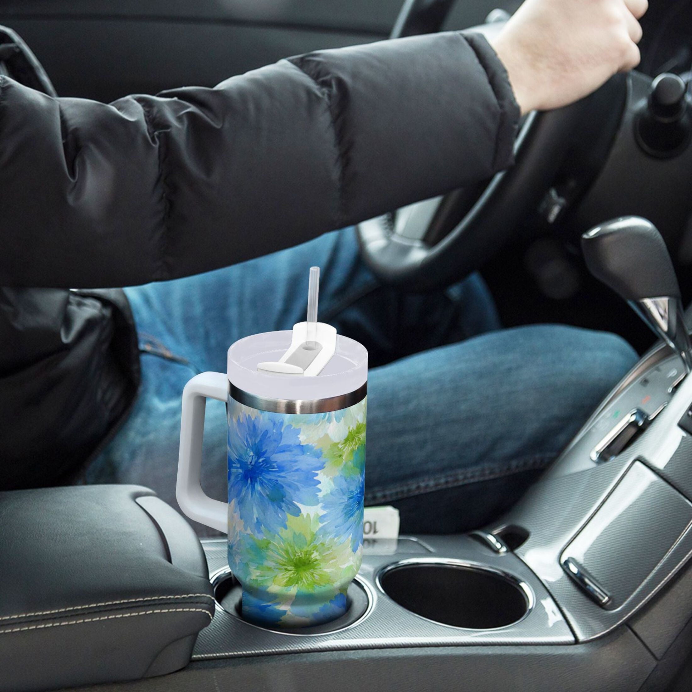40 oz Insulated Stainless Steel Tumbler Double Wall Stainless Steel Tumbler with 2-Way Drinking Watercolor Blue Cornflowers | EL8K