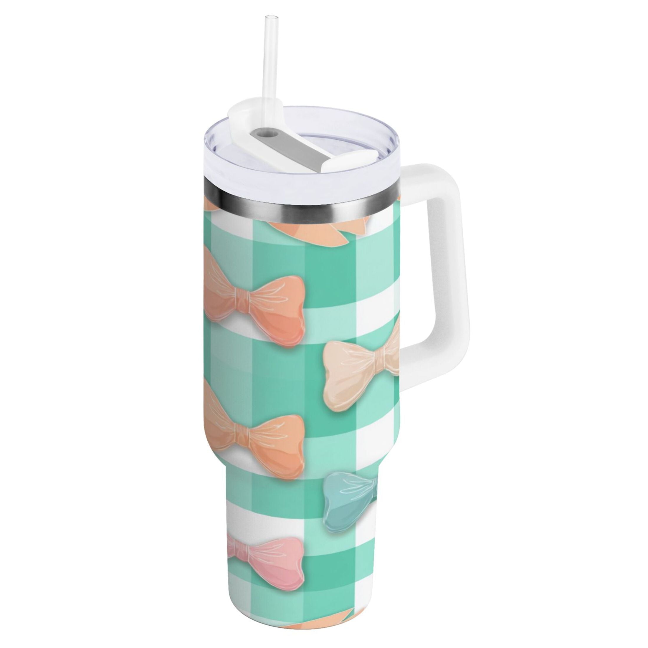 40 oz Insulated Stainless Steel Tumbler Double Wall Stainless Steel Tumbler with 2-Way Drinking Pastel Green and Peach Bows | EPQL