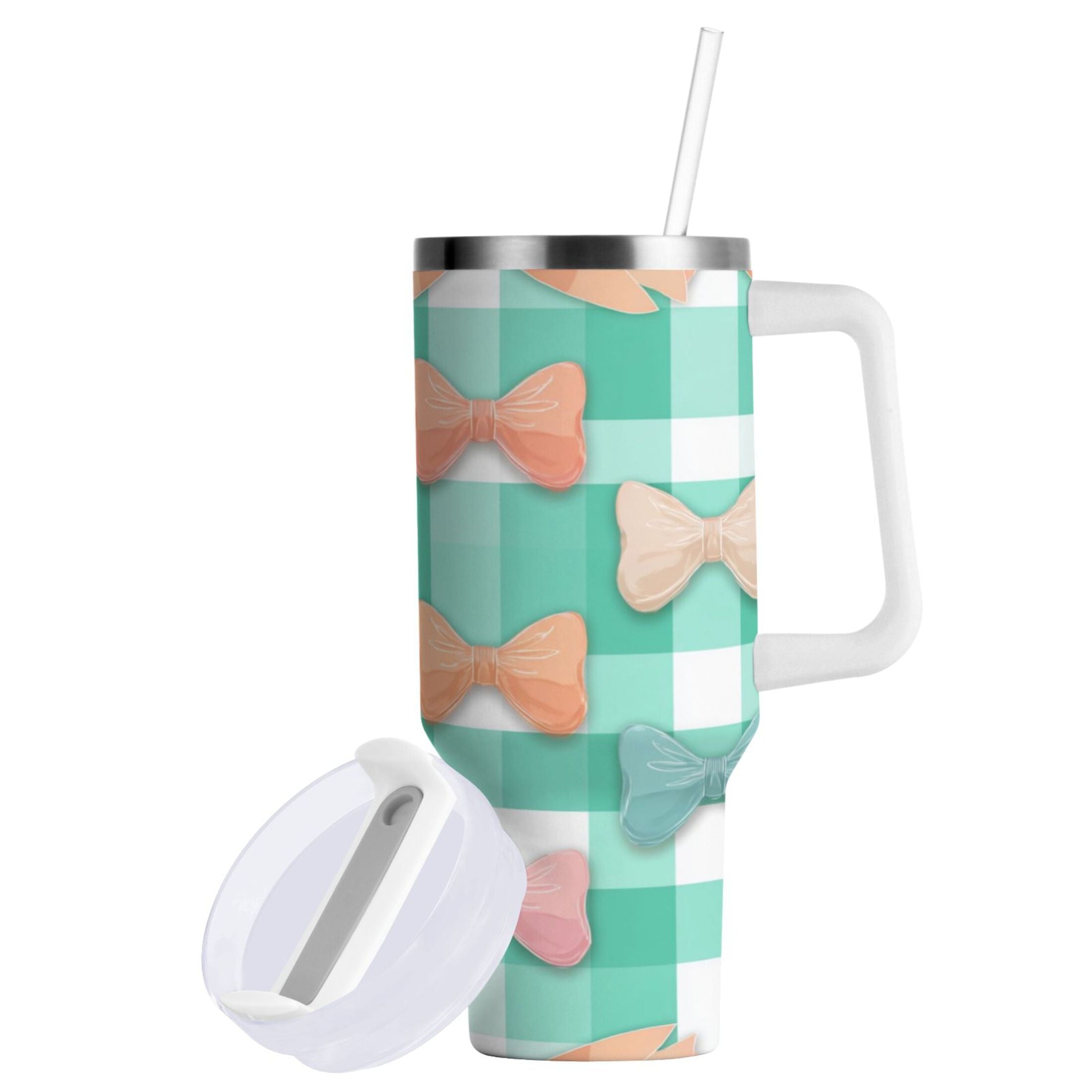 40 oz Insulated Stainless Steel Tumbler Double Wall Stainless Steel Tumbler with 2-Way Drinking Pastel Green and Peach Bows | EPQL